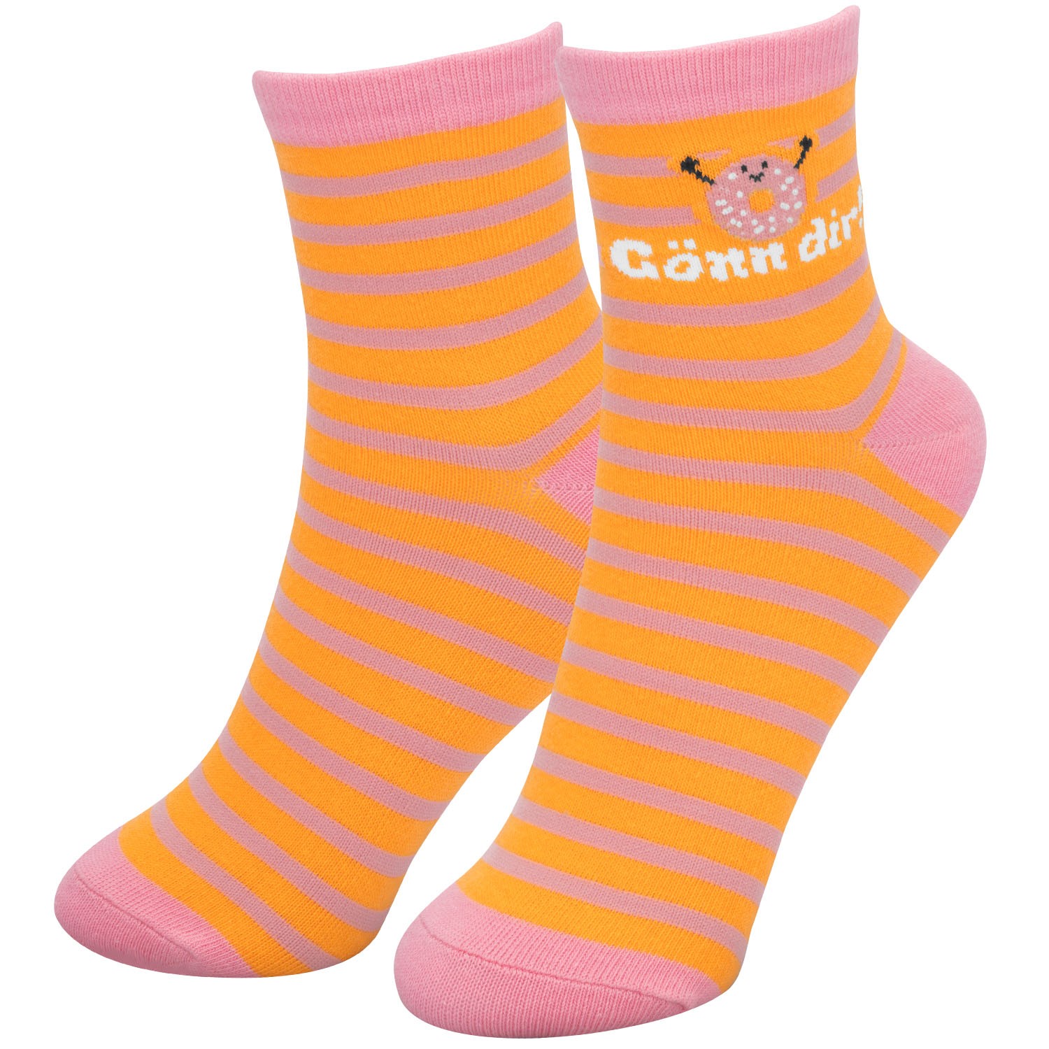 Gestreifte Zaubersocken in Orange und Rosa mit Donut-Motiv und der Botschaft 'Gönn Dir!'