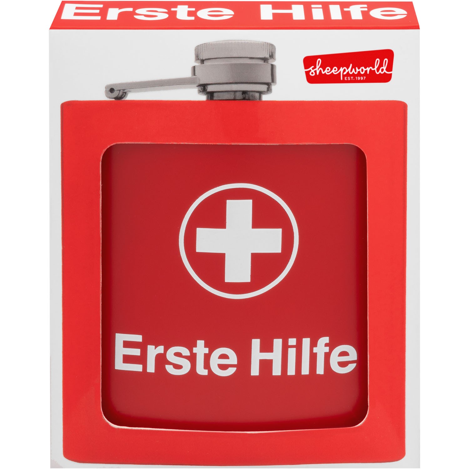 Roter Flachmann aus Edelstahl mit Weißem Kreuzmotiv in roter Verpackung