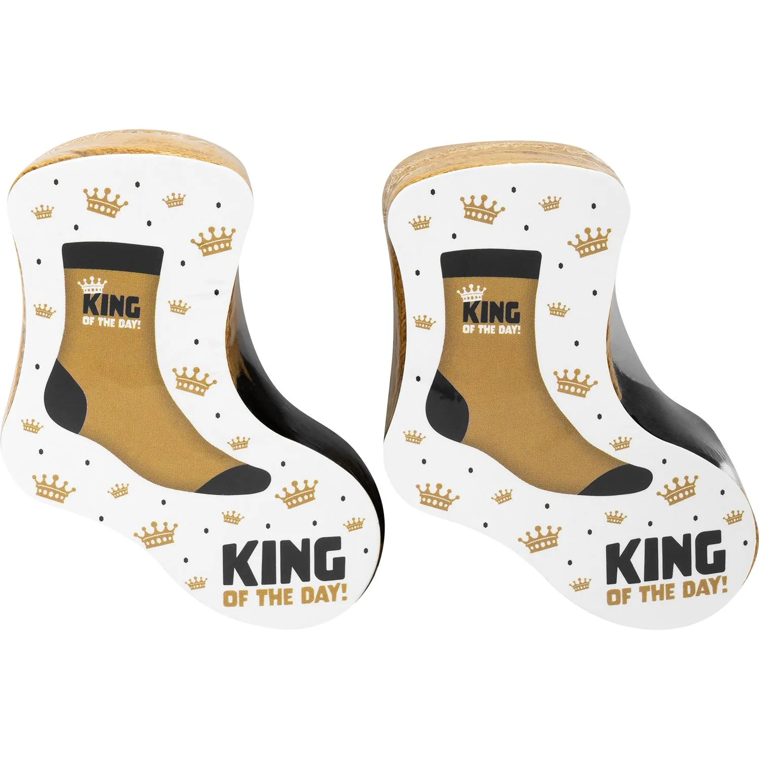 Zwei weiße Socken mit goldenem Fußteil und KING OF THE DAY Motiv