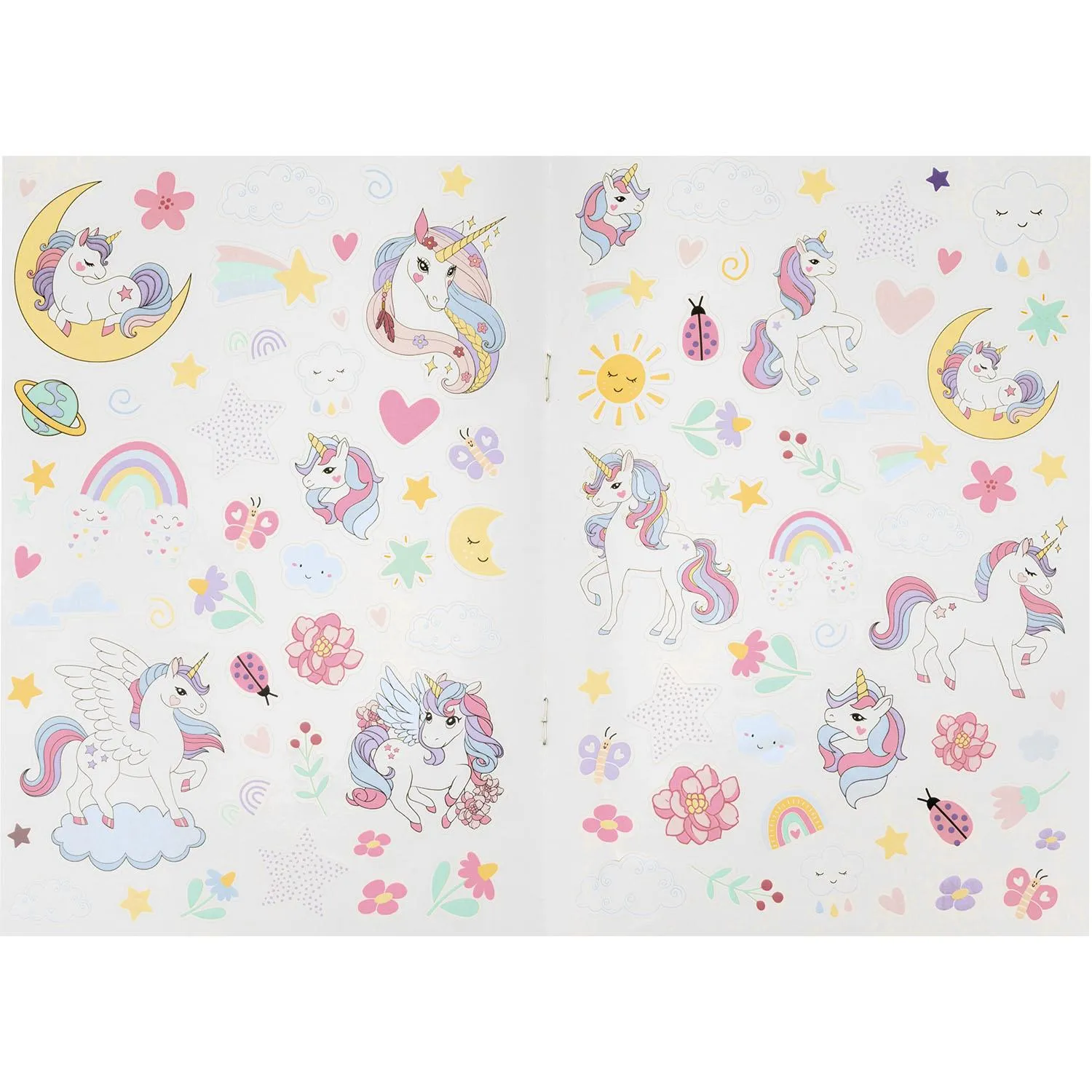 Pastellfarbene Einhorn-Malbuchseite mit Regenbogen und Wolken