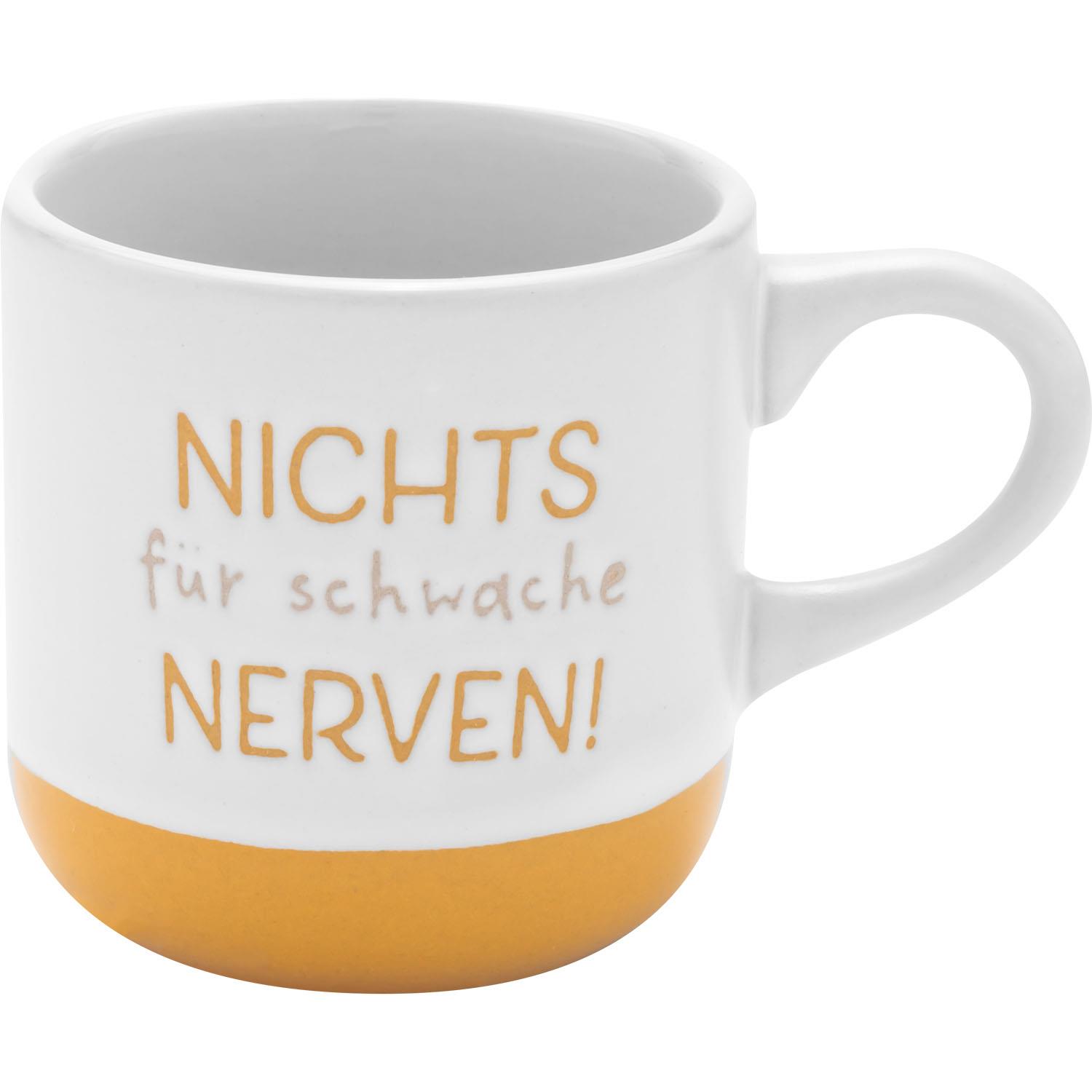 Weiße Steingut-Tasse mit oranger Unterseite und Spruch 'Nichts für schwache Nerven!'