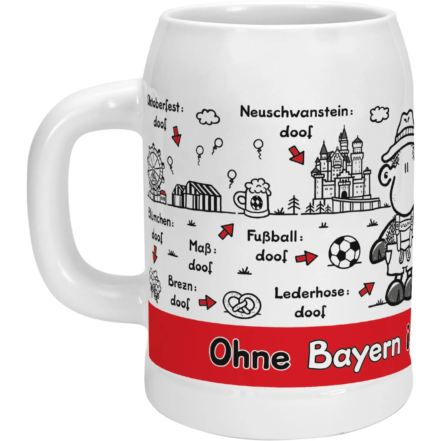 Weißer Steinzeug-Bierkrug mit stilisierten Schafen, Bayern-Motiv, schwarzer Zeichnung und rotem Band.