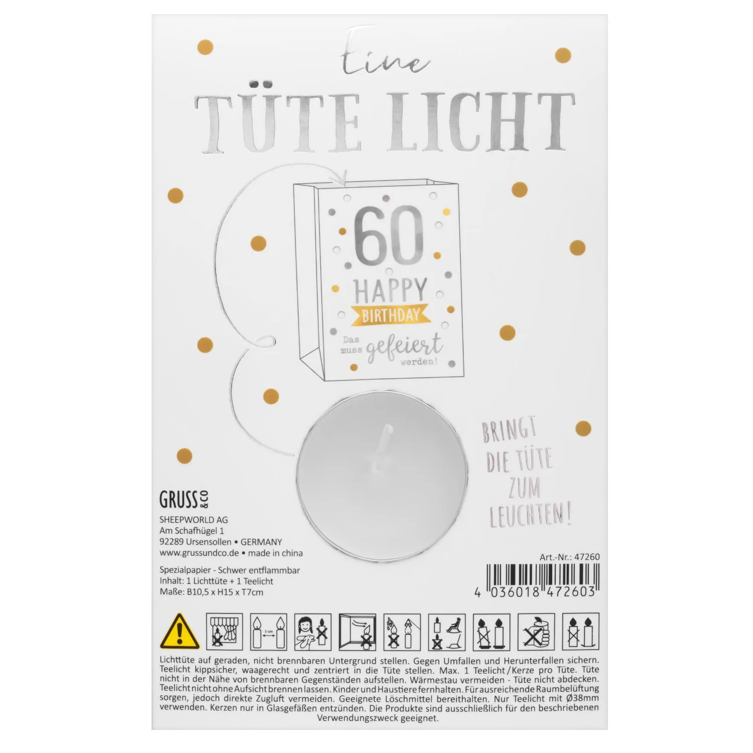 Lichttüte 60 Happy Birthday mit Goldpunkten, inklusive Teelicht, aus schwer entflammarem Papier.