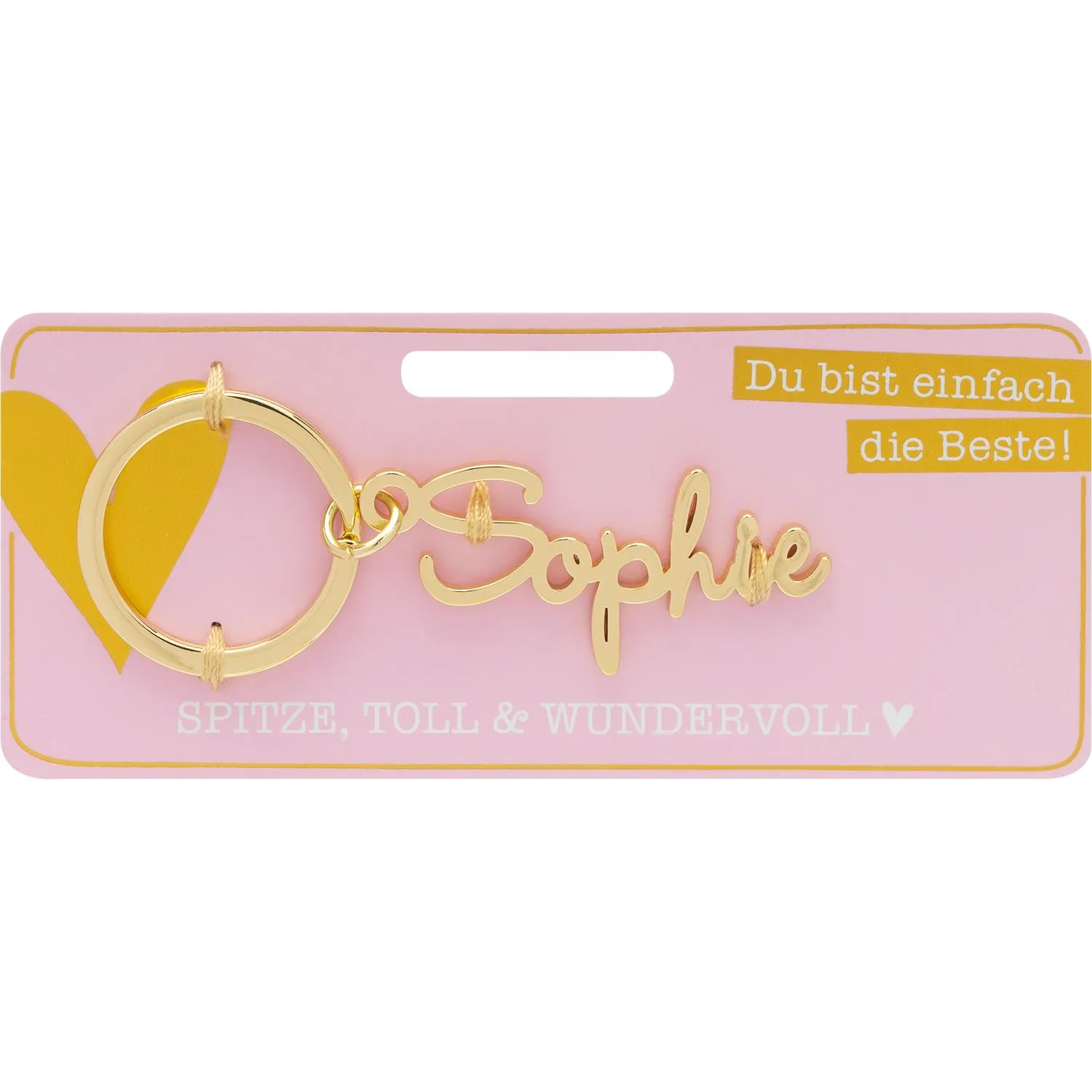 Goldfarbener Namens-Schriftzug Sophie als Schlüsselanhänger am Ring, vor rosa Verpackung.
