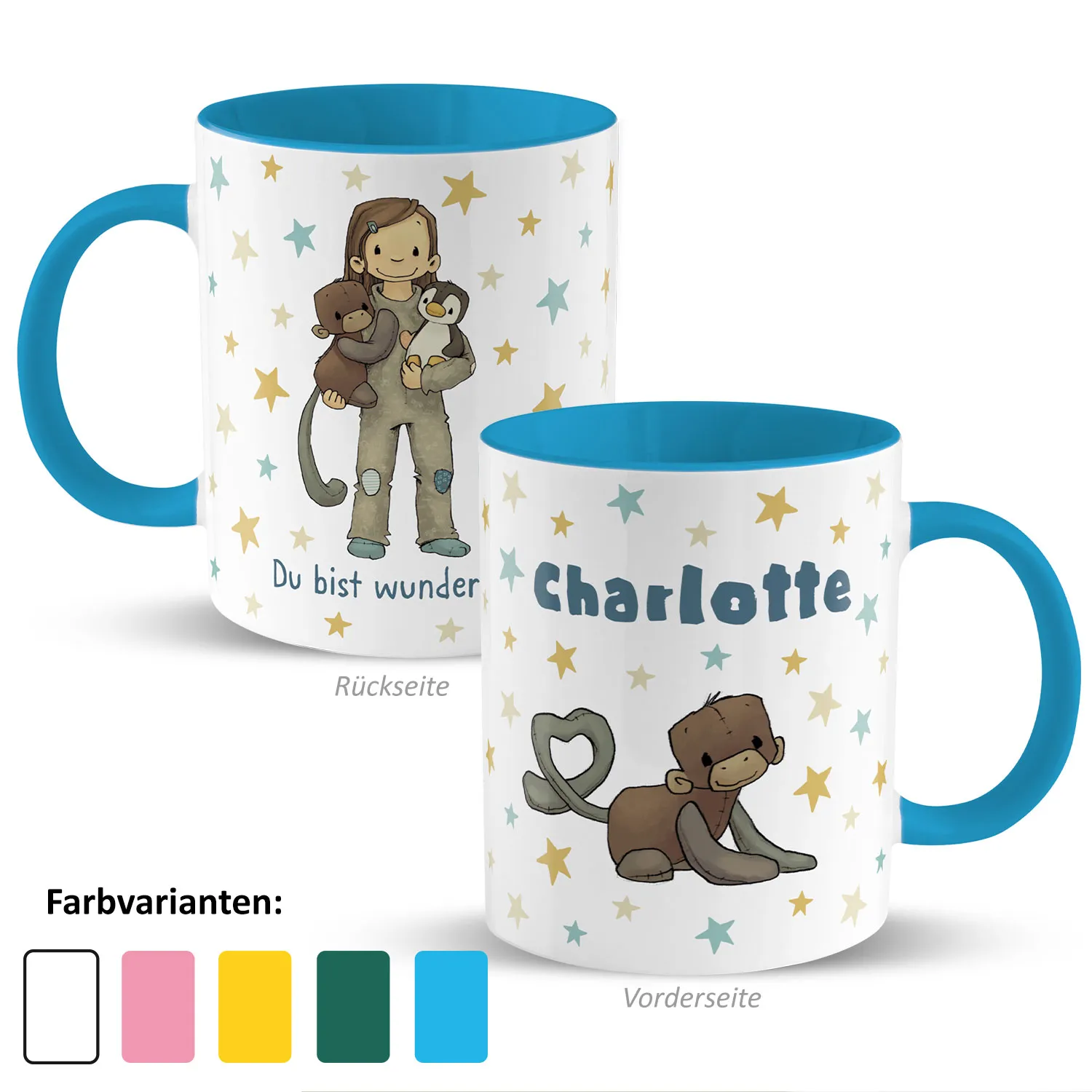 Personalisierte Porzellantasse mit blauem Innenraum und Namenszug