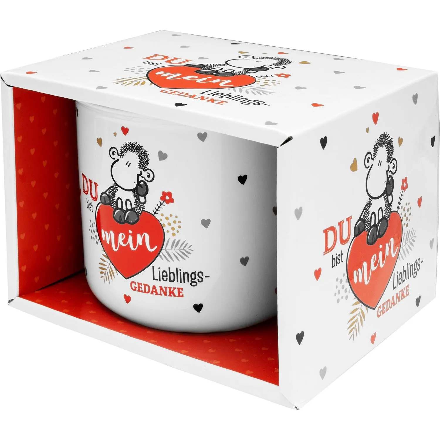 Weiße Keramiktasse mit rotem Herz und Schaf-Motiv in Geschenkbox