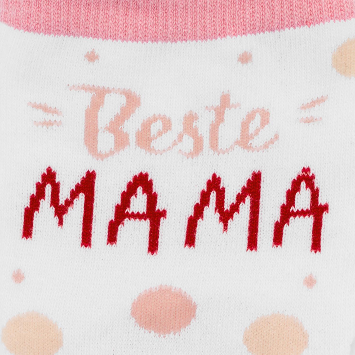 Weiße Socke mit rotem Schriftzug 'Beste Mama' und rosa Akzenten