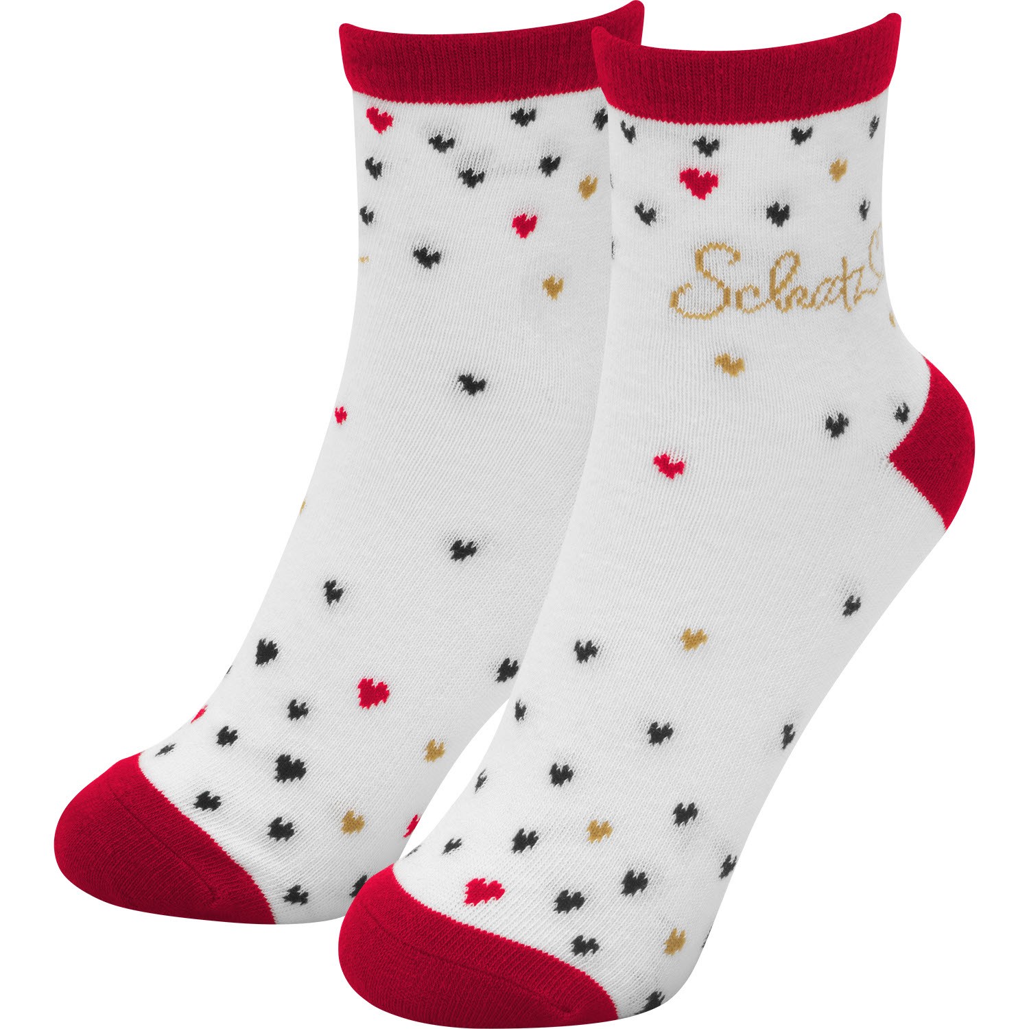 Weiße Zaubersocken mit rotem Rand und Herzchenmuster, goldener Schrift Schatz