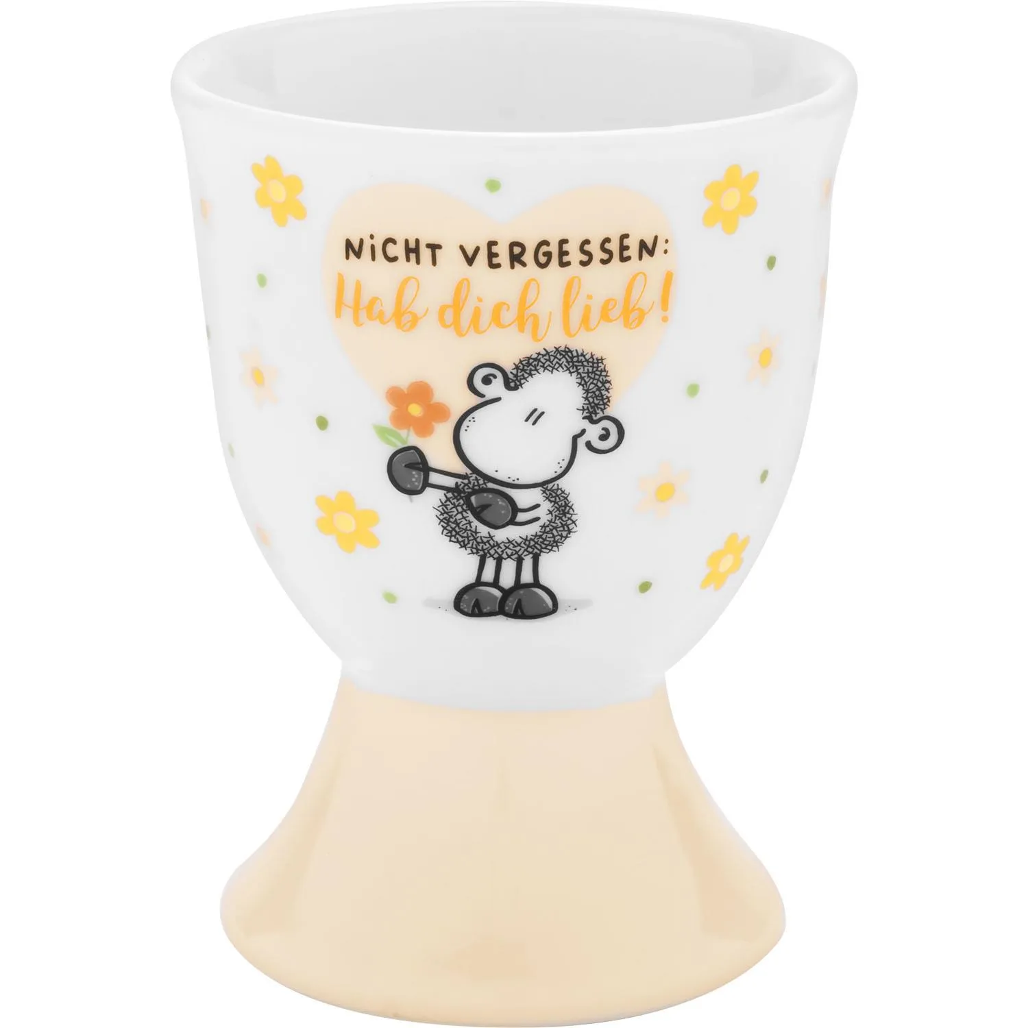 Weiße Porzellan-Eierbecher mit niedlichem Schaf-Motiv, gelben Blüten und Herz-Spruch
