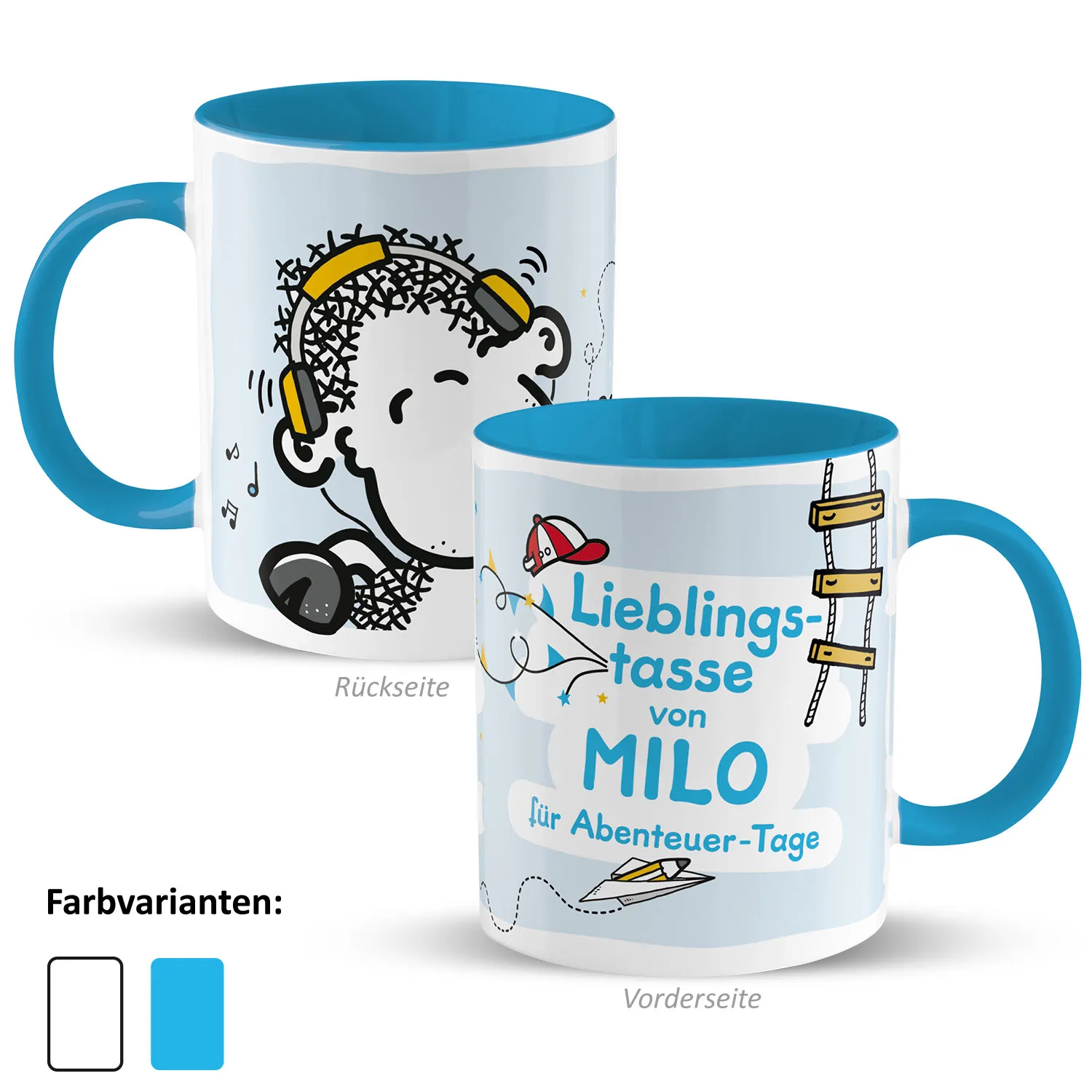 Personalisierte blaue Kindertasse mit Milo-Motiv und Abenteuer-Design