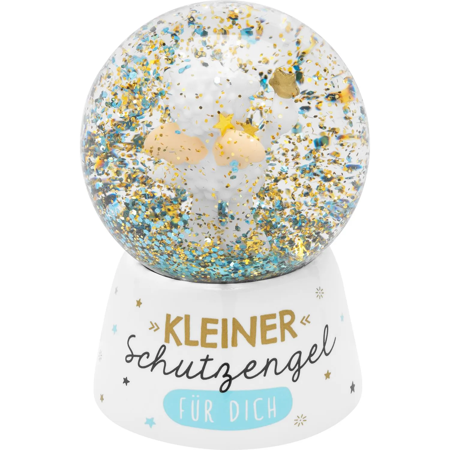 Schneekugel mit kleinem Schutzengel-Schaf, Goldsternchen und blauem Glitter auf weißem Sockel
