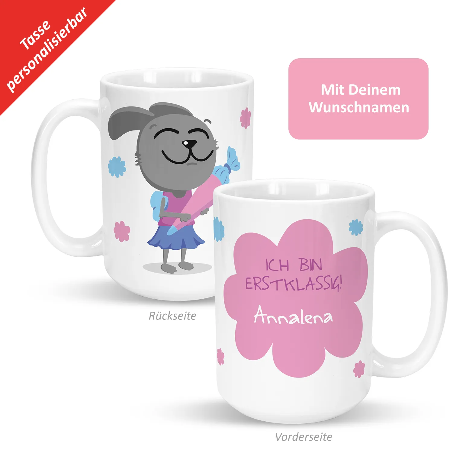 Weiße Keramik-Tasse mit personalisiertem Namen Annalena und Hund-Motiv