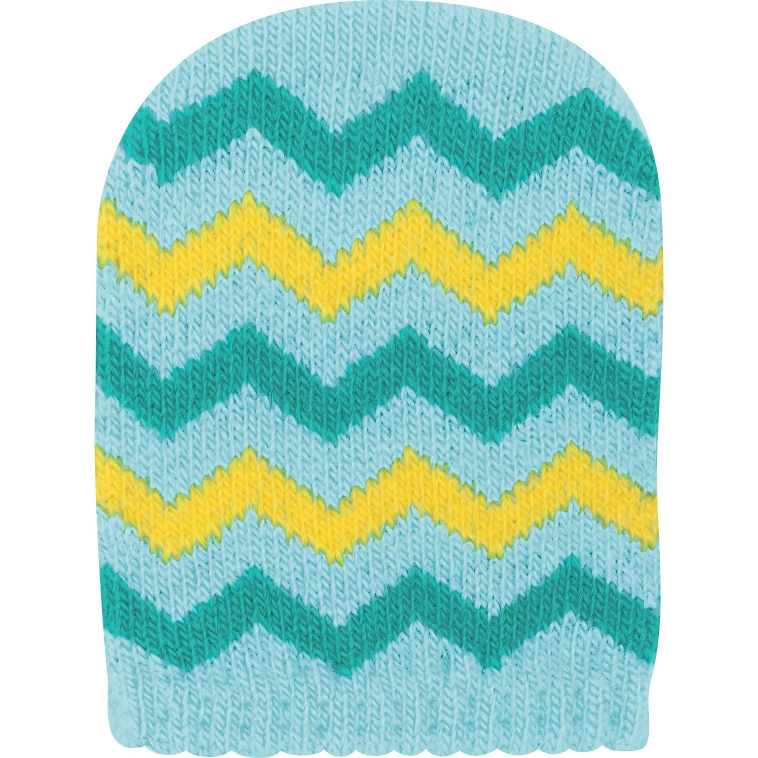 Flauschiger Eierwärmer mit Zick-Zack-Muster in Blau, Türkis und Gelb.