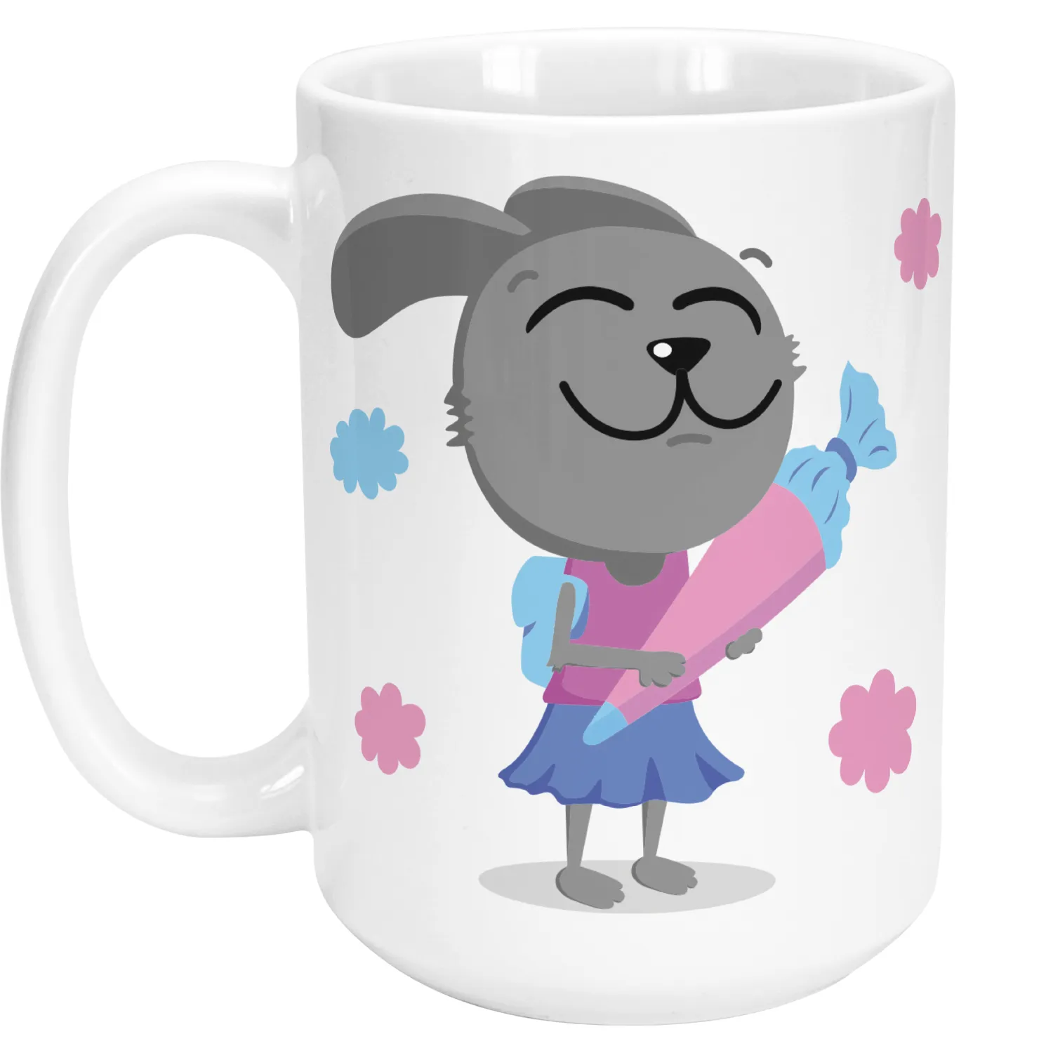 XL-Tasse mit grauem Hund, pinkem Oberteil und Blumenbouquet, personalisierbar mit Namen.