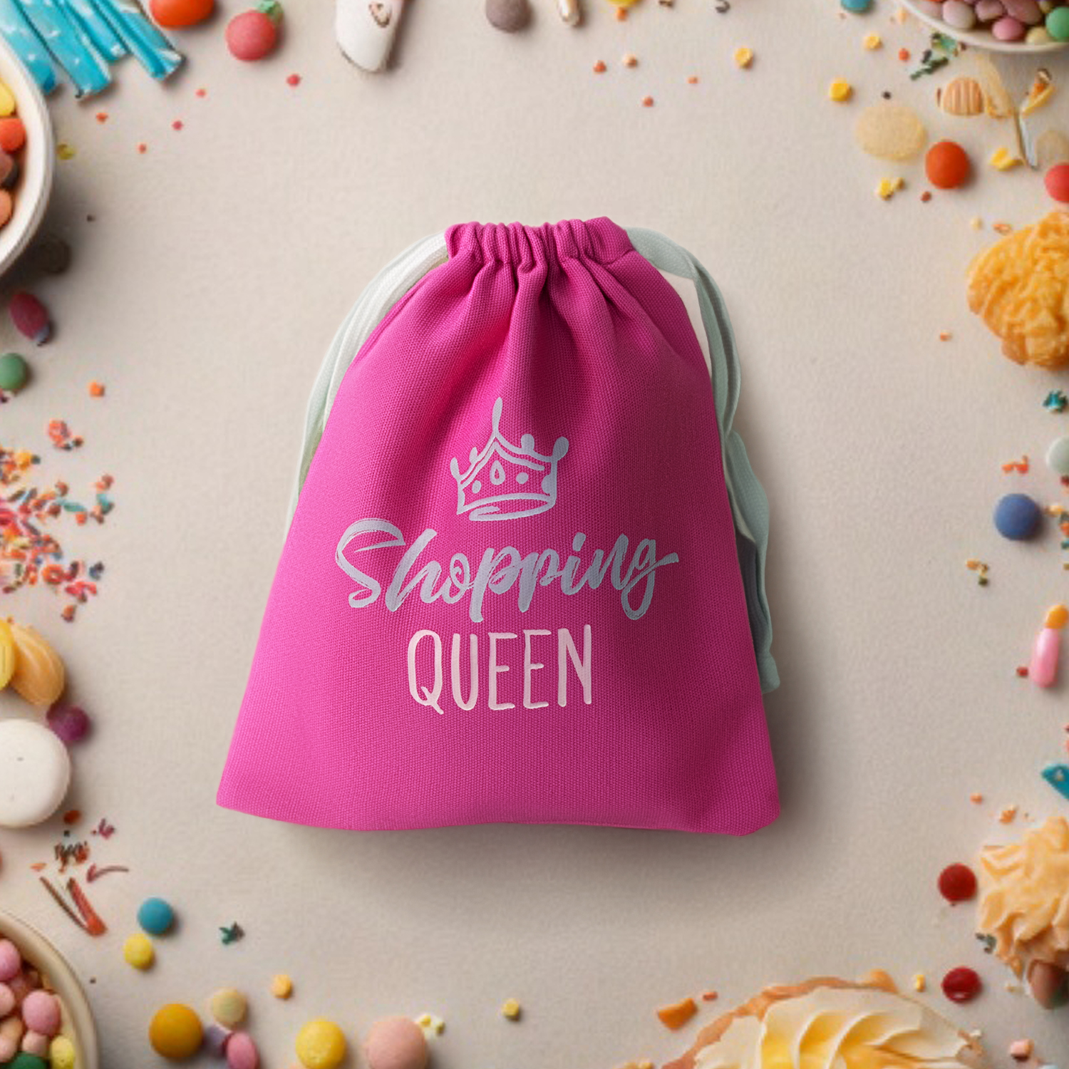 Pinkes Geschenksäckchen mit Shopping Queen-Motiv aus Canvas und Baumwolle, Zugband.