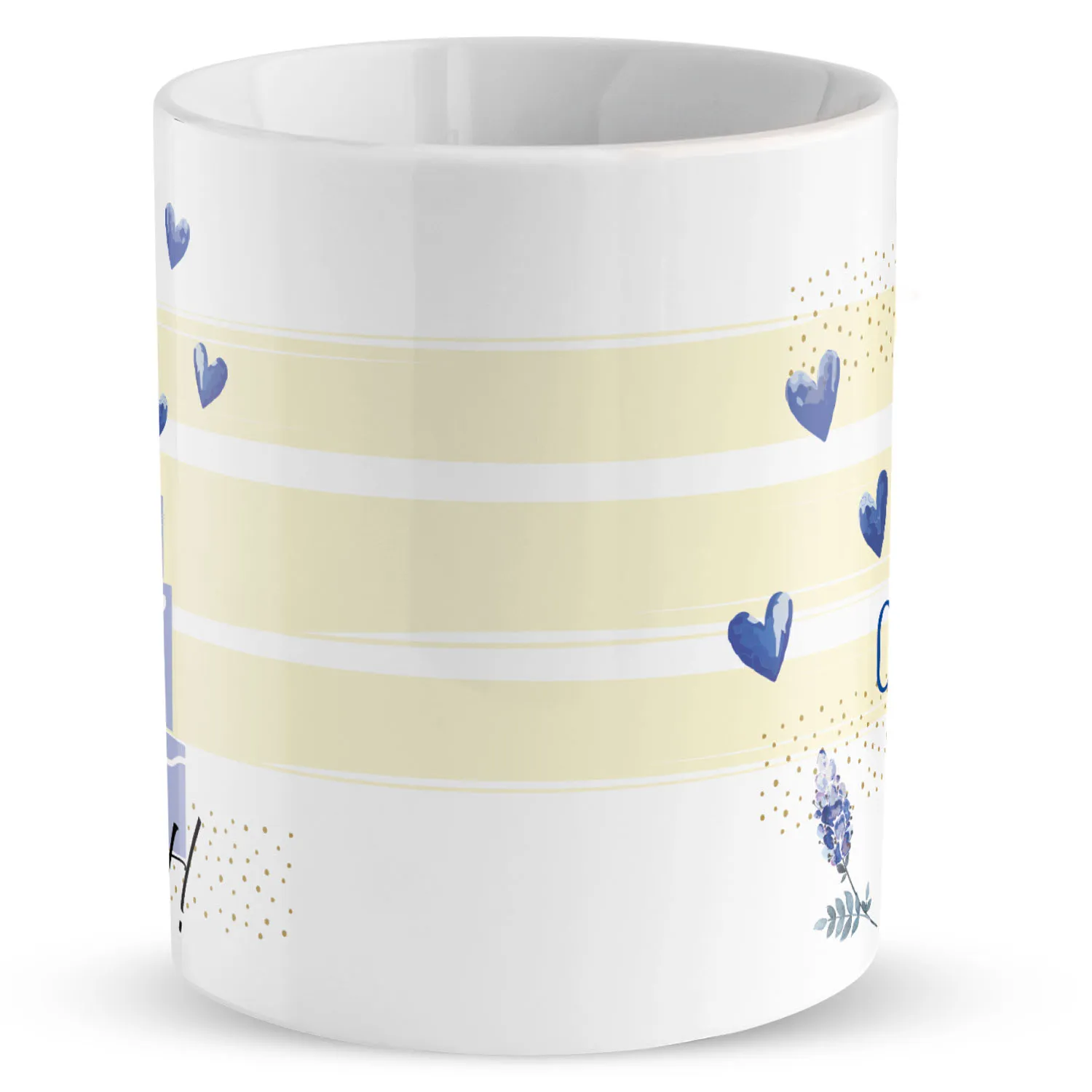 Personalisierte Porzellantasse mit pastellgelben Streifen, blauen Herzen und Lavendel-Motiv – Name & Datum wählbar.