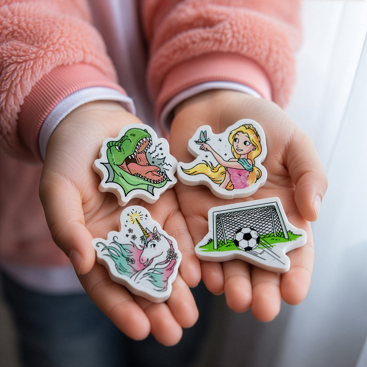Bunte Radiergummis mit Dinosaurier, Prinzessin, Einhorn und Fußballtor.