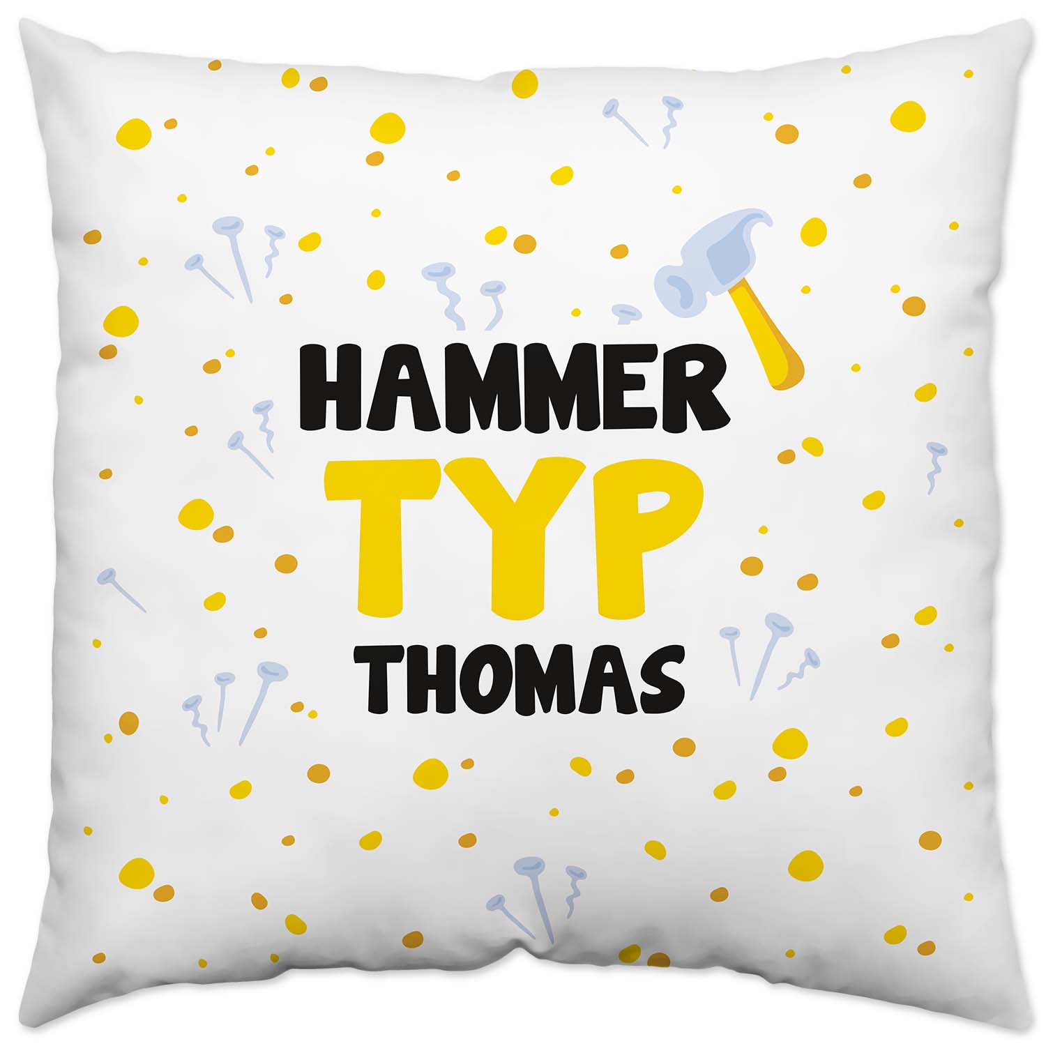 Weißes Kissen mit HAMMER TY THOMAS Motiv in Schwarz/Gelb und Konfetti-Dots