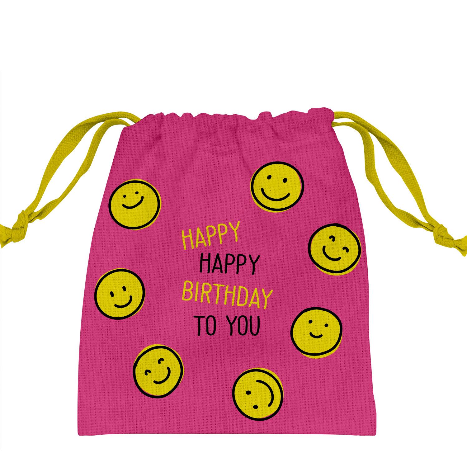 Pinkes Canvas-Geschenksäckchen mit gelben Smileys und Happy Birthday-Druck
