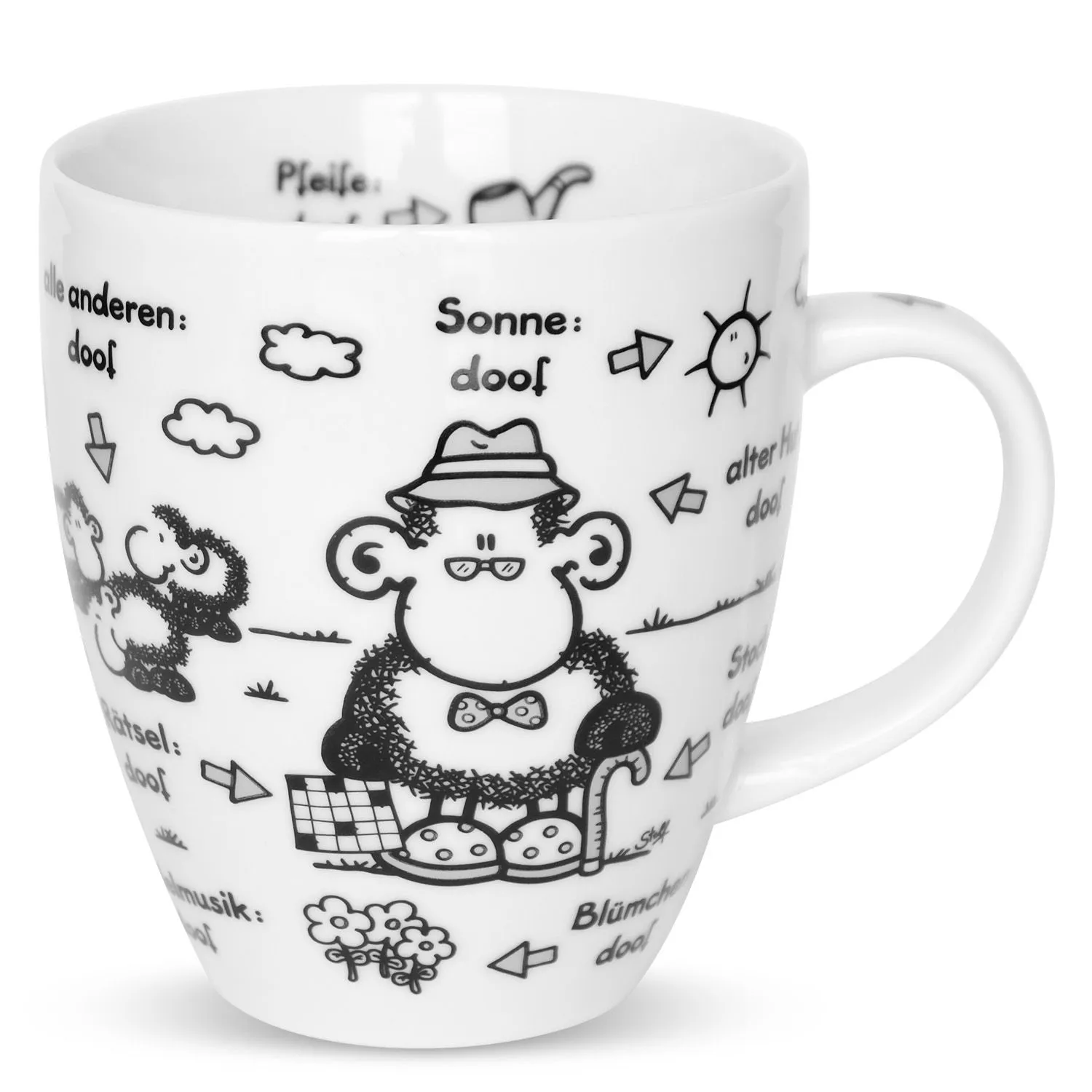 Weiße Porzellan-Tasse mit humorvollem 'Ohne Opa ist alles doof' Motiv