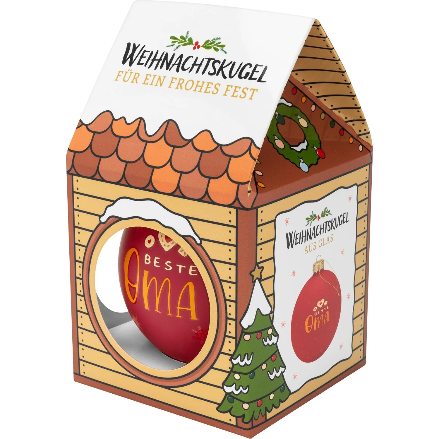 Rote Glas-Christbaumkugel mit goldener Aufschrift 'Beste Oma' in einer weihnachtlichen Holzhäuschen-Verpackung.