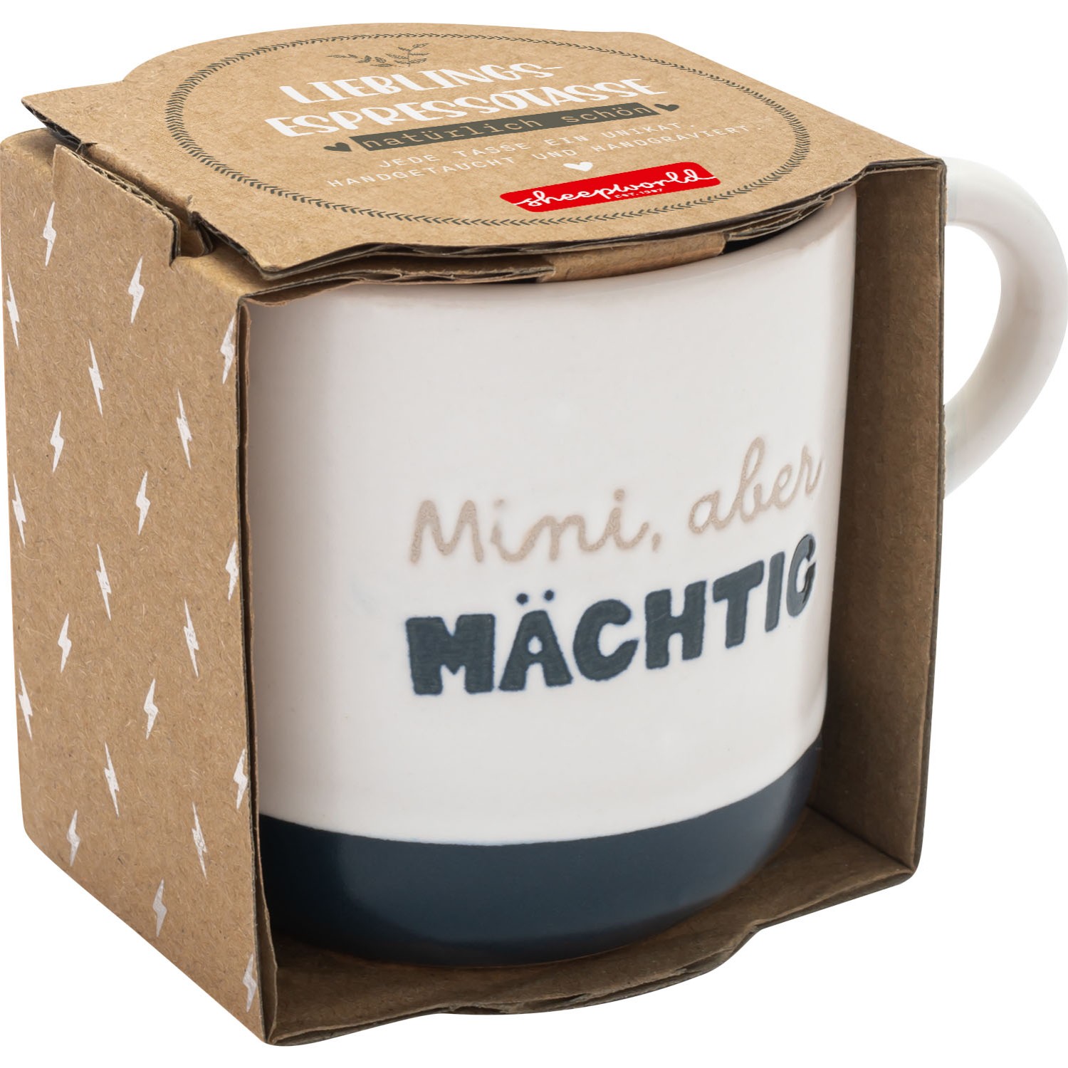 Weiße Steinzeug-Espressotasse mit dunklem Boden und Gravur 'Mini, aber Mächtig'