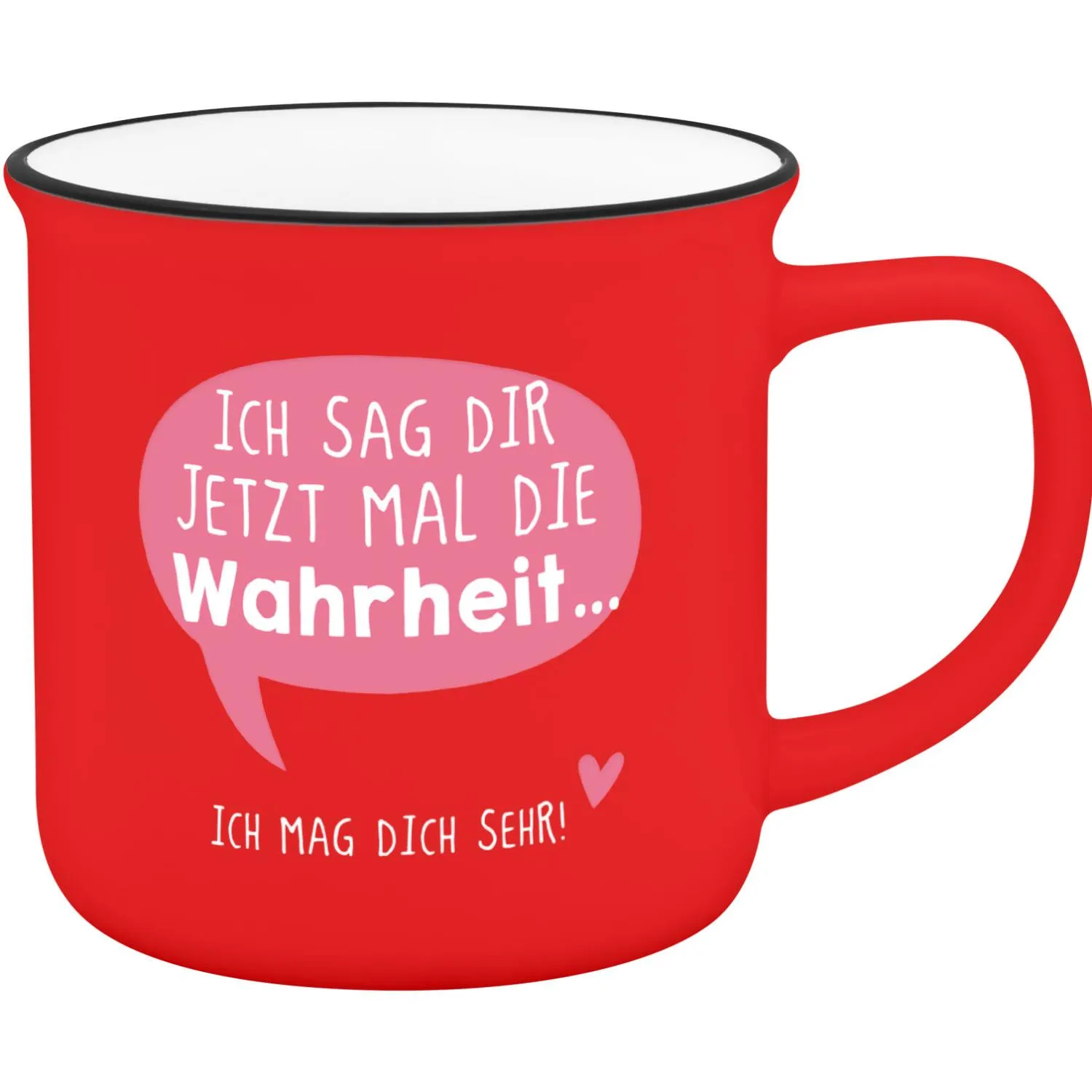Roter Lieblingsbecher mit rosa Sprechblase und dem Text 'Ich mag dich sehr' auf weißem Innenrand.