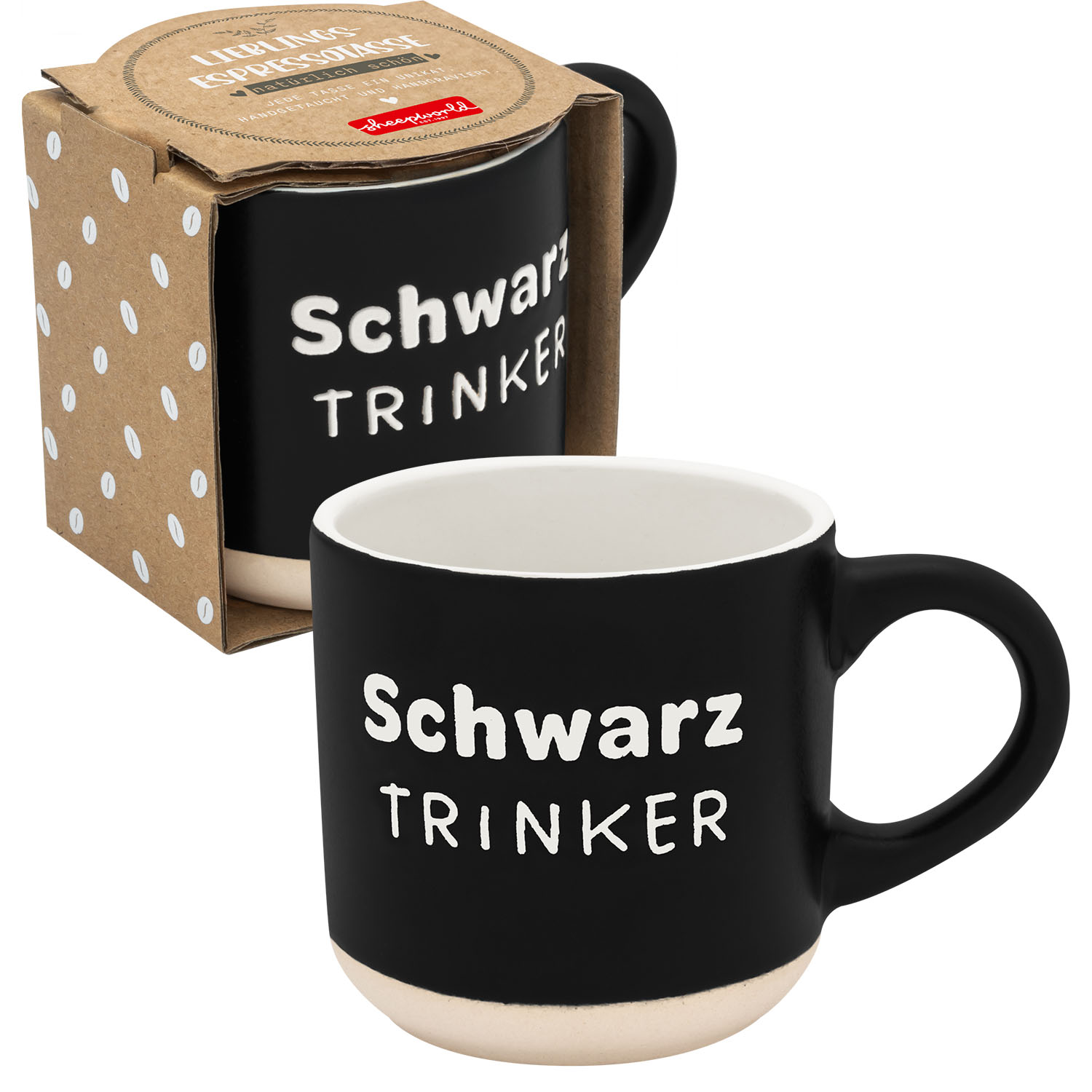 Schwarze Keramik-Tasse mit weißem Schriftzug Schwarz Trinker, cremefarbener Boden