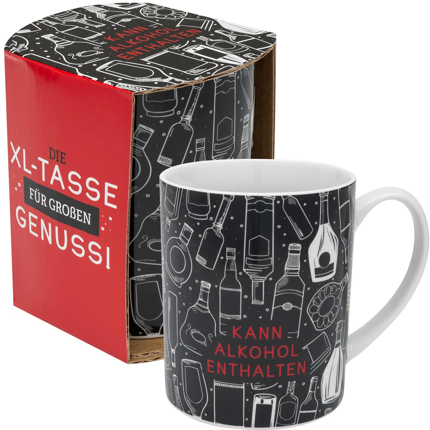 Schwarze XL-Tasse mit Flaschen- und Gläsermotiven, roter Hinweistext 'Kann Alkohol enthalten'.