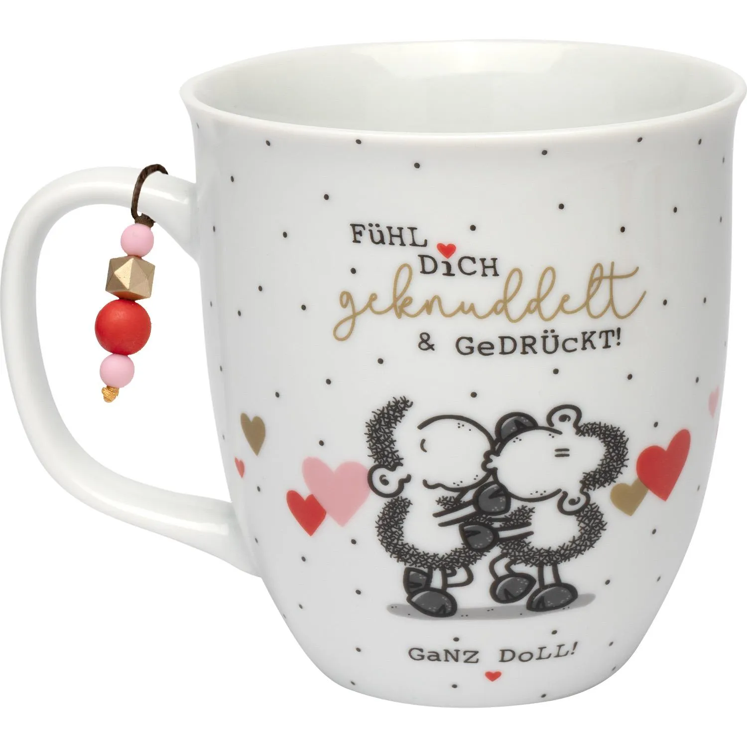 Weiße Porzellan-Tasse mit Schäfchen-Druck, Umarmung, Golddruck, Perlenanhänger.