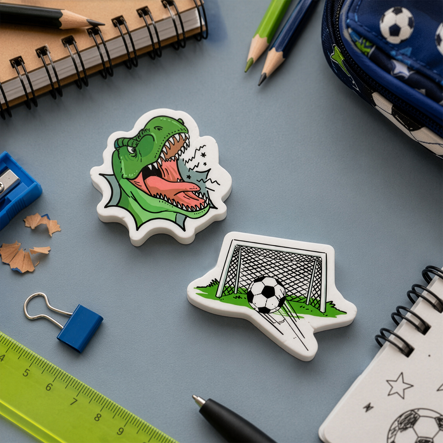 Radiergummi »Fußball« mit grünem Dinosaurier-Design und Tor-Szene