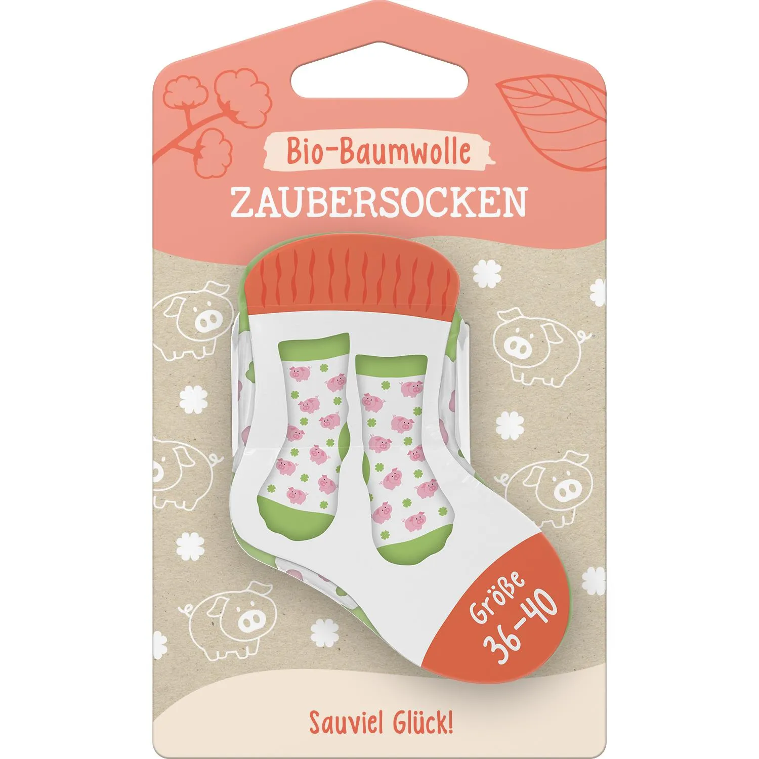 Weiße Zaubersocken mit rosa Glücksschweinchen und grünen Akzenten