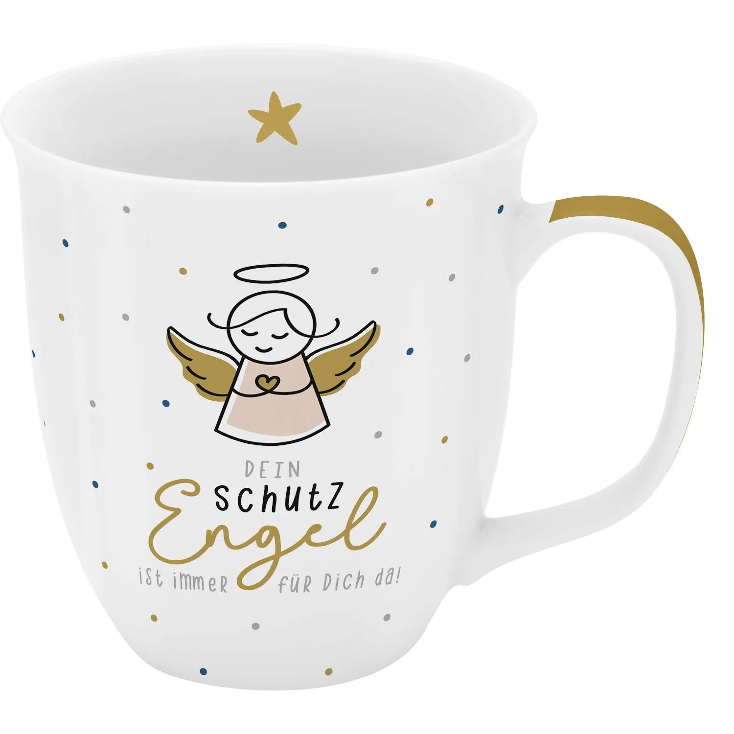 Weiße Porzellan-Tasse mit Schutzengel-Motiv und goldenen Akzenten