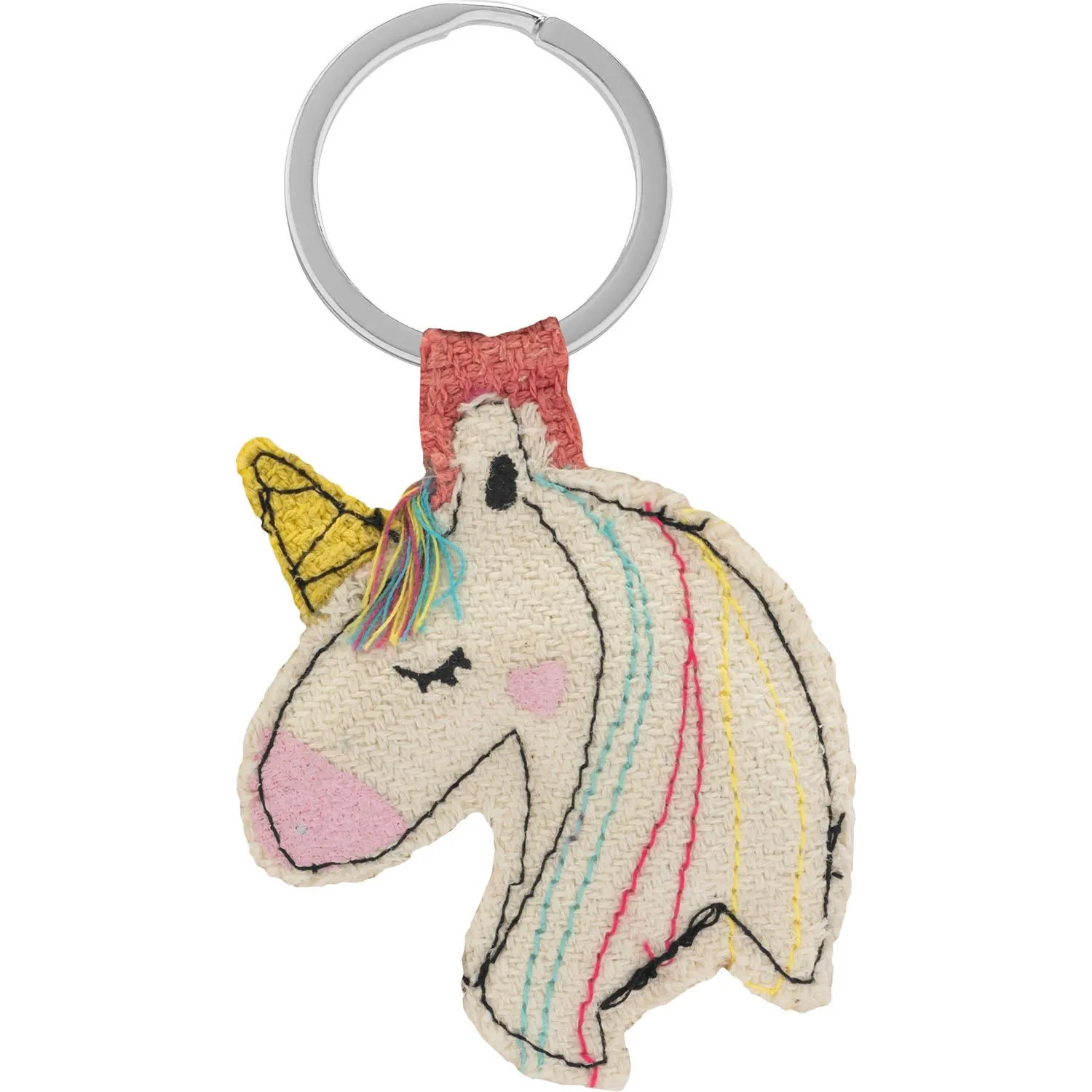 Einhorn-Schlüsselanhänger aus Piñafaser mit bunter Mähne und Metallring
