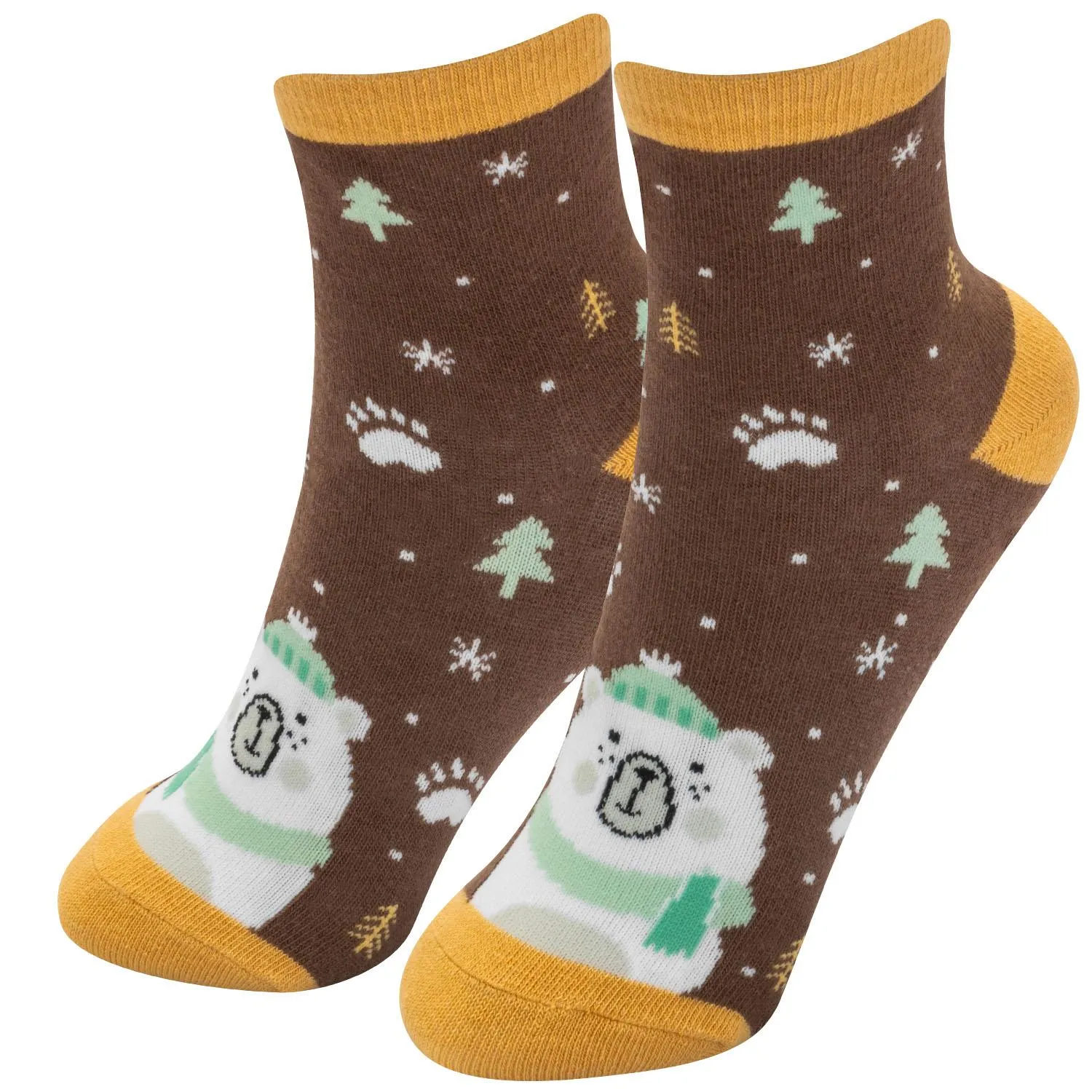 Braune Zaubersocken mit Eisbär-Motiv und Wintermotiven, gelber Rand, für Kinder