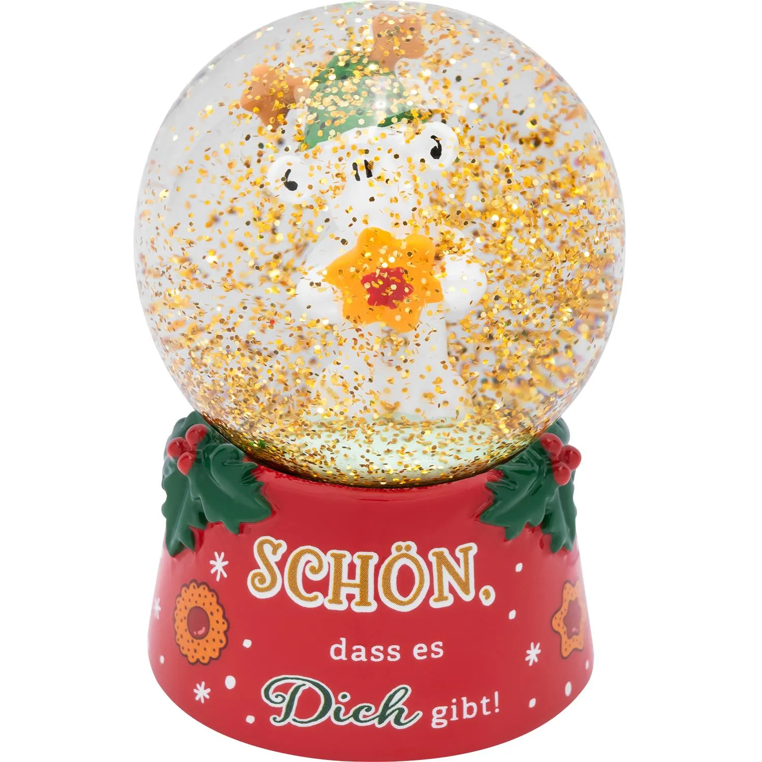 Schneekugel mit rotem Sockel und Schaf-Design im Glas