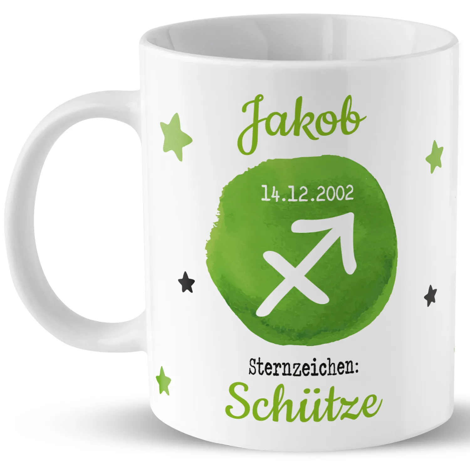 Personalisierte Porzellan-Tasse mit Name Jakob und Sternzeichen Schütze in grünem Kreis