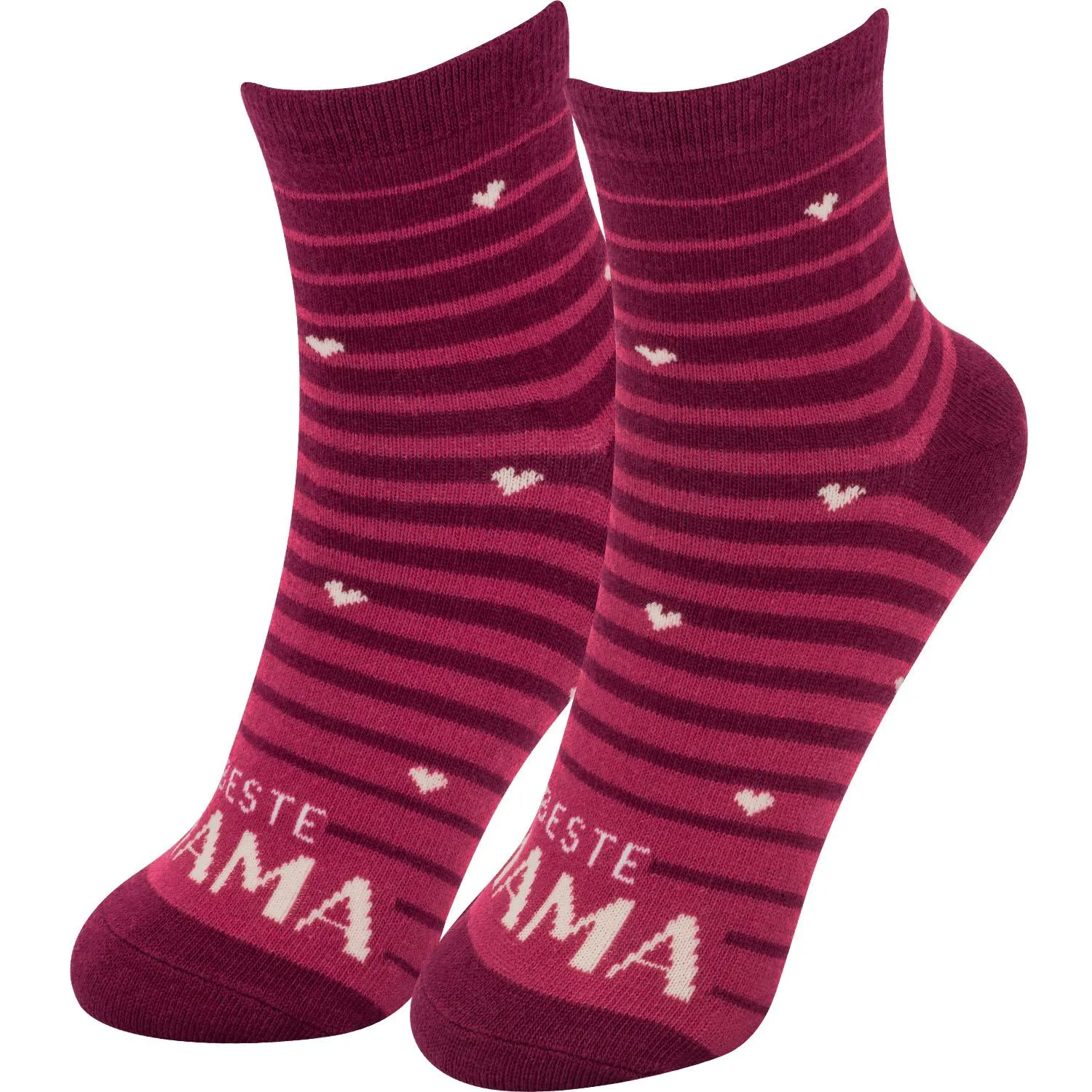 Paar pink-rote Zaubersocken mit Streifen, kleinen Herzen und Schriftzug Beste Mama.