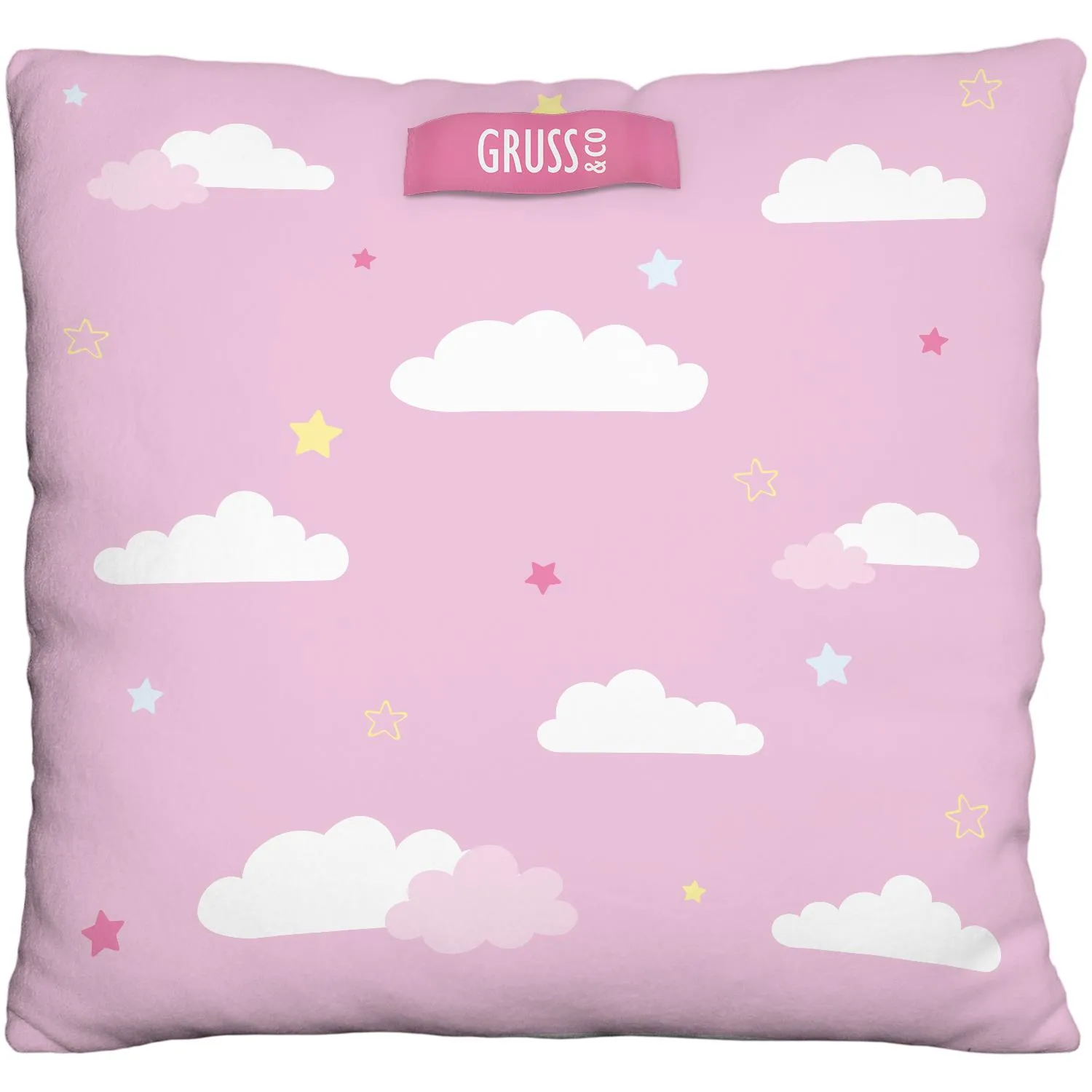 Rosa Plüschkissen für Kinder mit Wolken- und Sternenmotiv, 25x25 cm