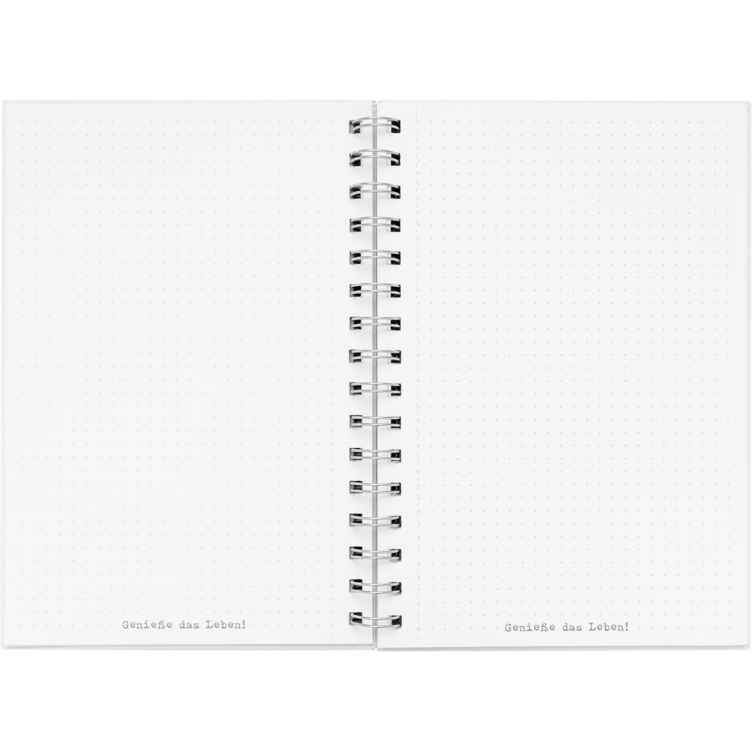 Weißes Notizbuch mit silberner Spiralbindung und punktierten Seiten (A5)
