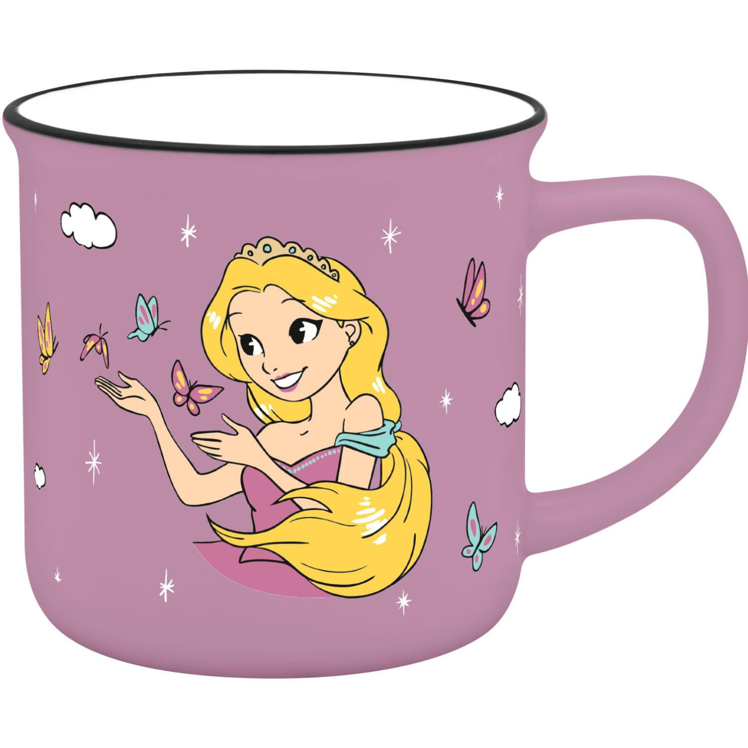 Becher mit Prinzessinnen-Motiv auf lilafarbenem Hintergrund, fröhliche Kinderillustration