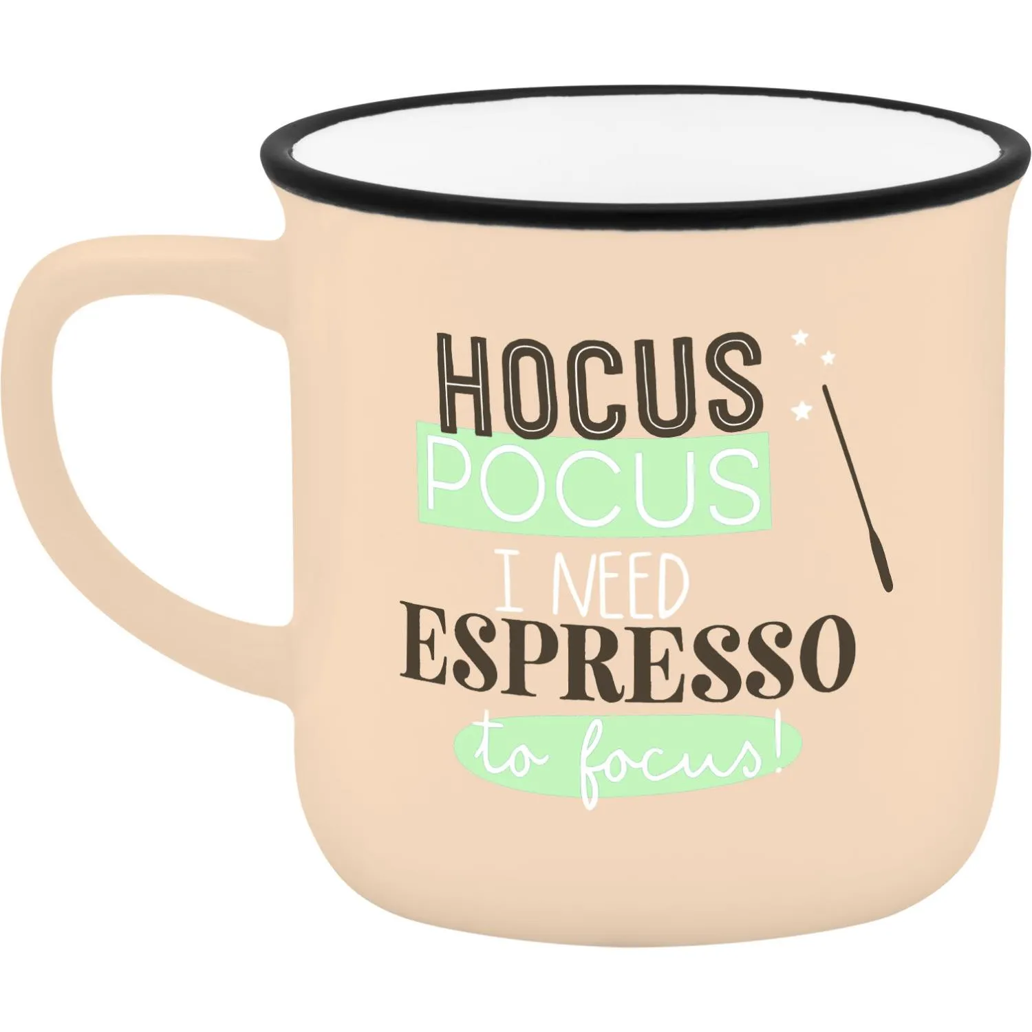 Beiger Espressobecher mit schwarzem Rand und Textmotiv