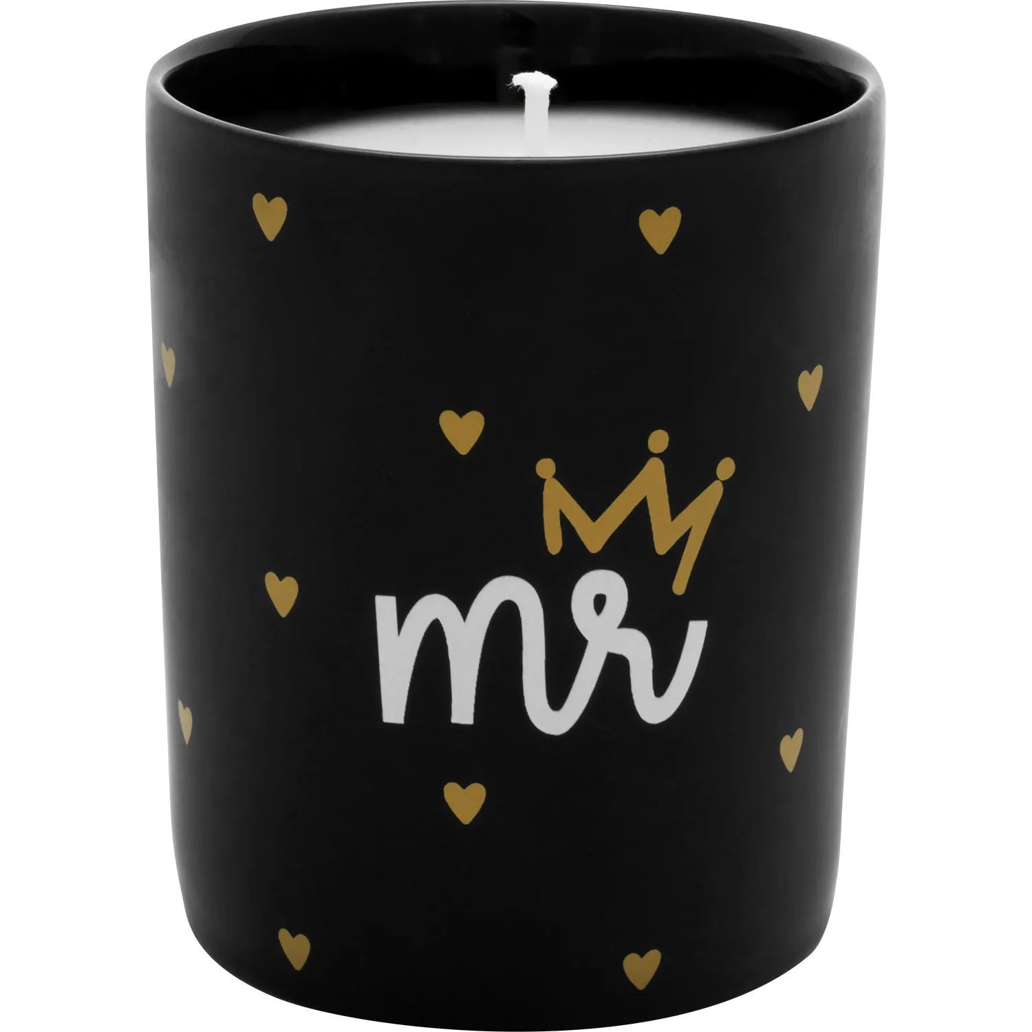 Schwarzer Kerzenhalter mit weißem 'mr' Schriftzug, Krone und goldenen Herzen