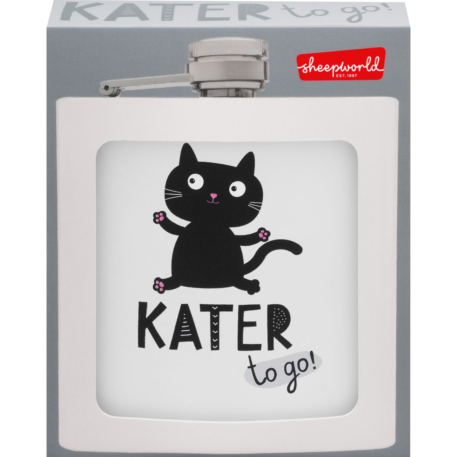 Edelstahl-Flachmann mit Katzenmotiv in Sichtfensterverpackung.