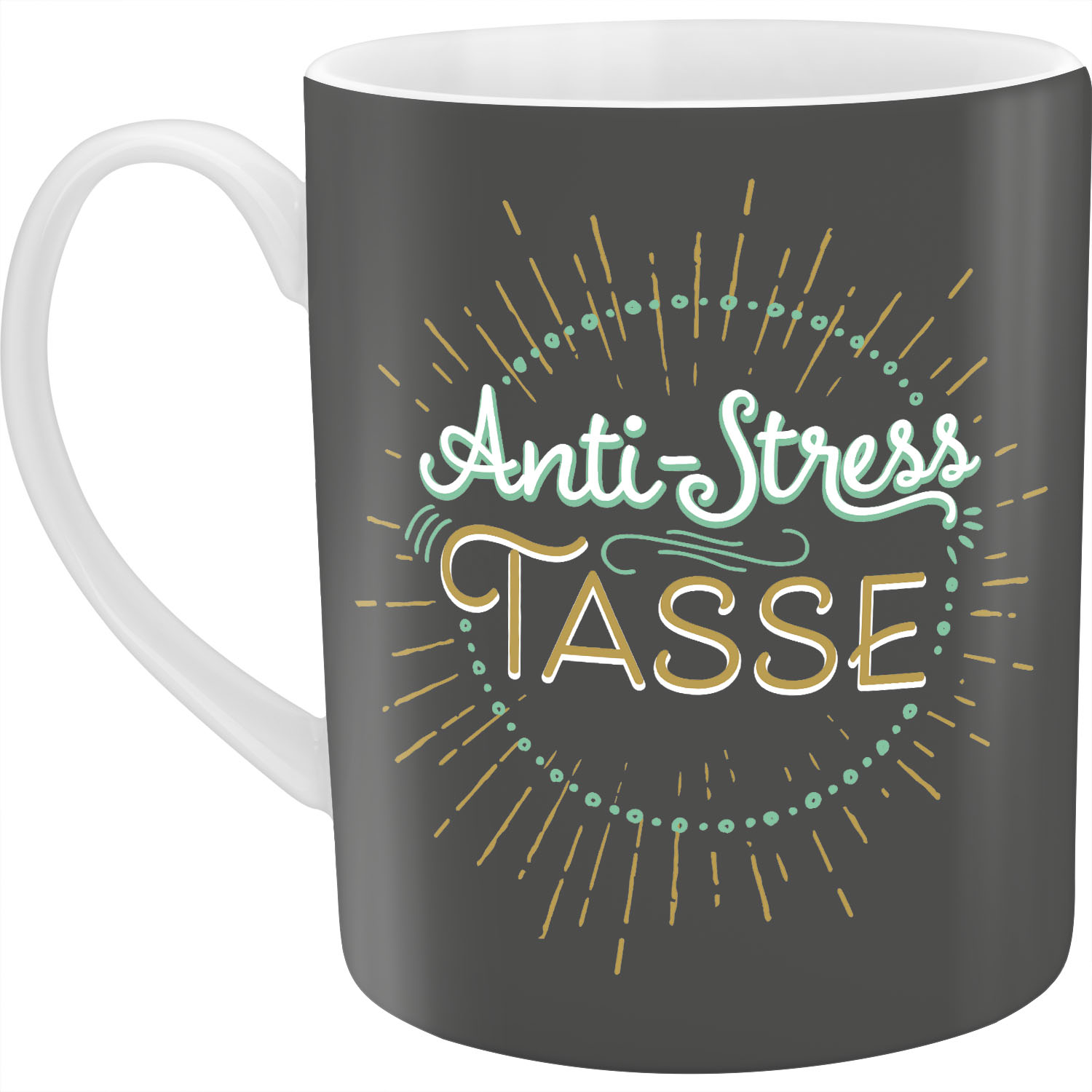 Große graue Porzellan-Tasse mit Anti-Stress-Design in Gold und Türkis