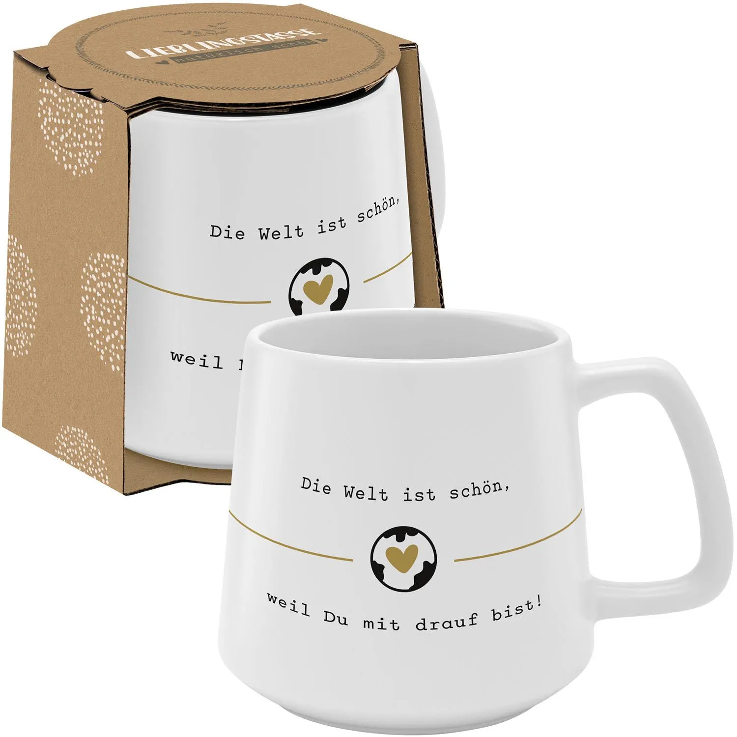 Weiße konische Steinzeug-Tasse mit Golddruck und Globus-Herz-Motiv