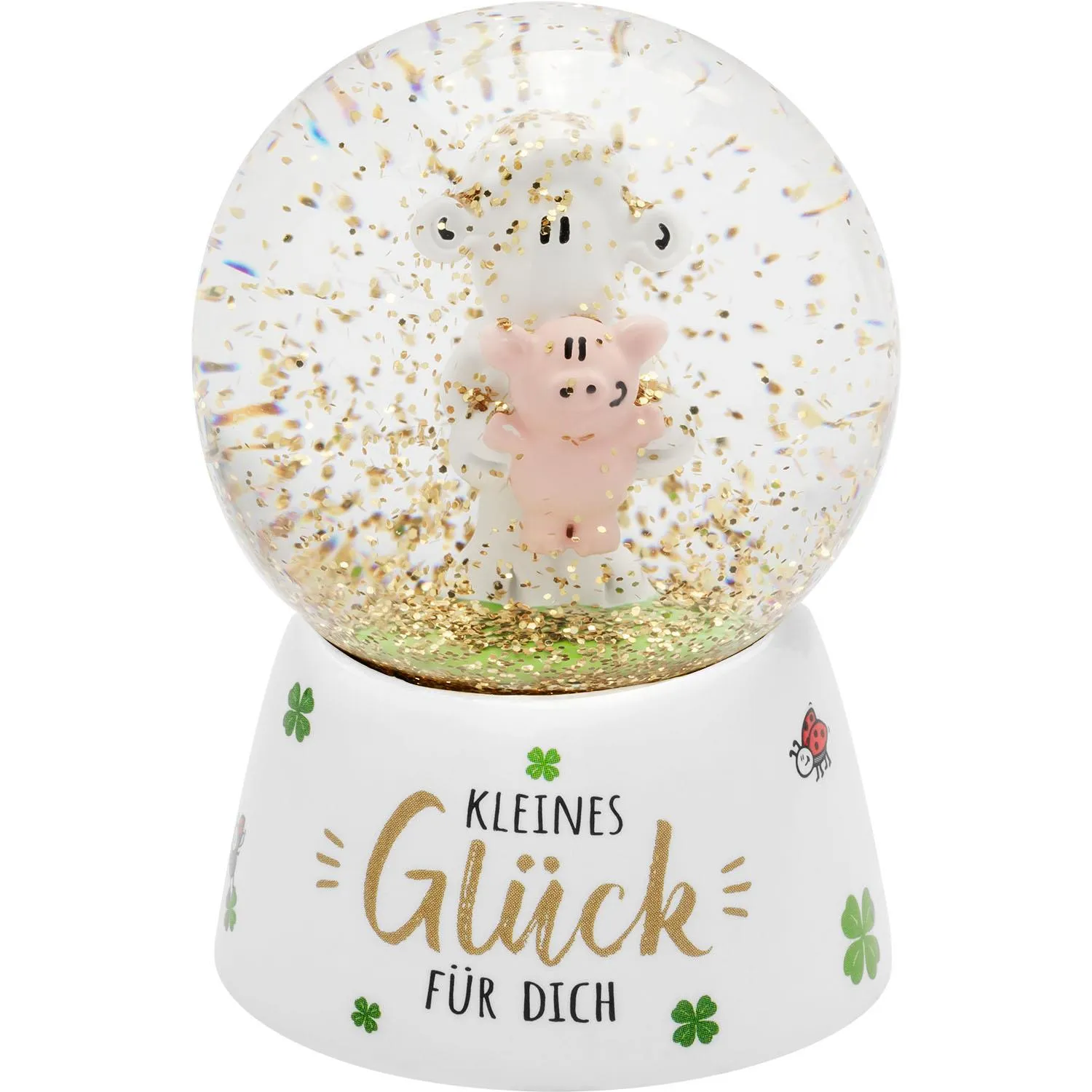 Schneekugel »Glück« mit Schäfchenfigur, goldenem Glitter und Kleeblätter-Verzierungen