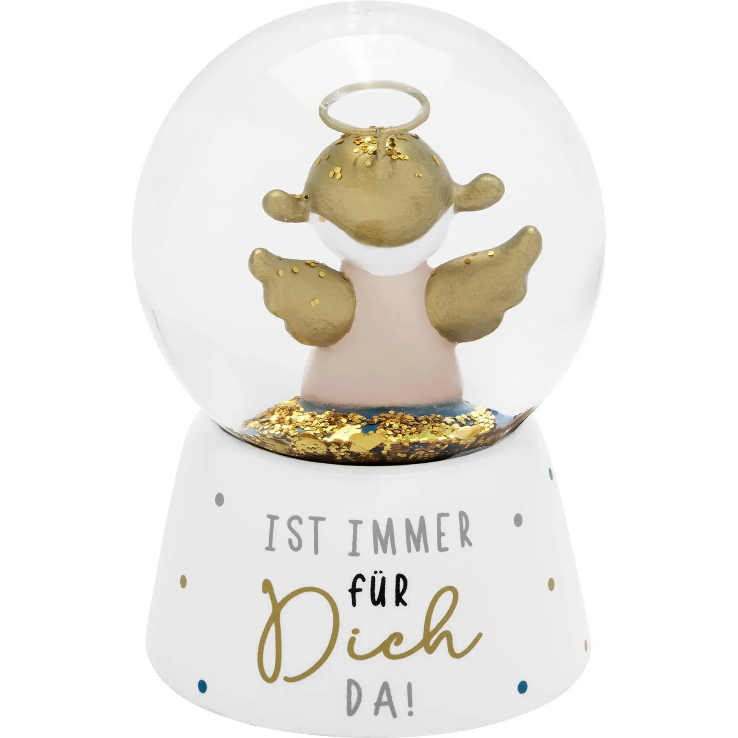 Schneekugel Engel aus Polyresin, mit goldenem Glitter, Glasglocke und weißer Basis