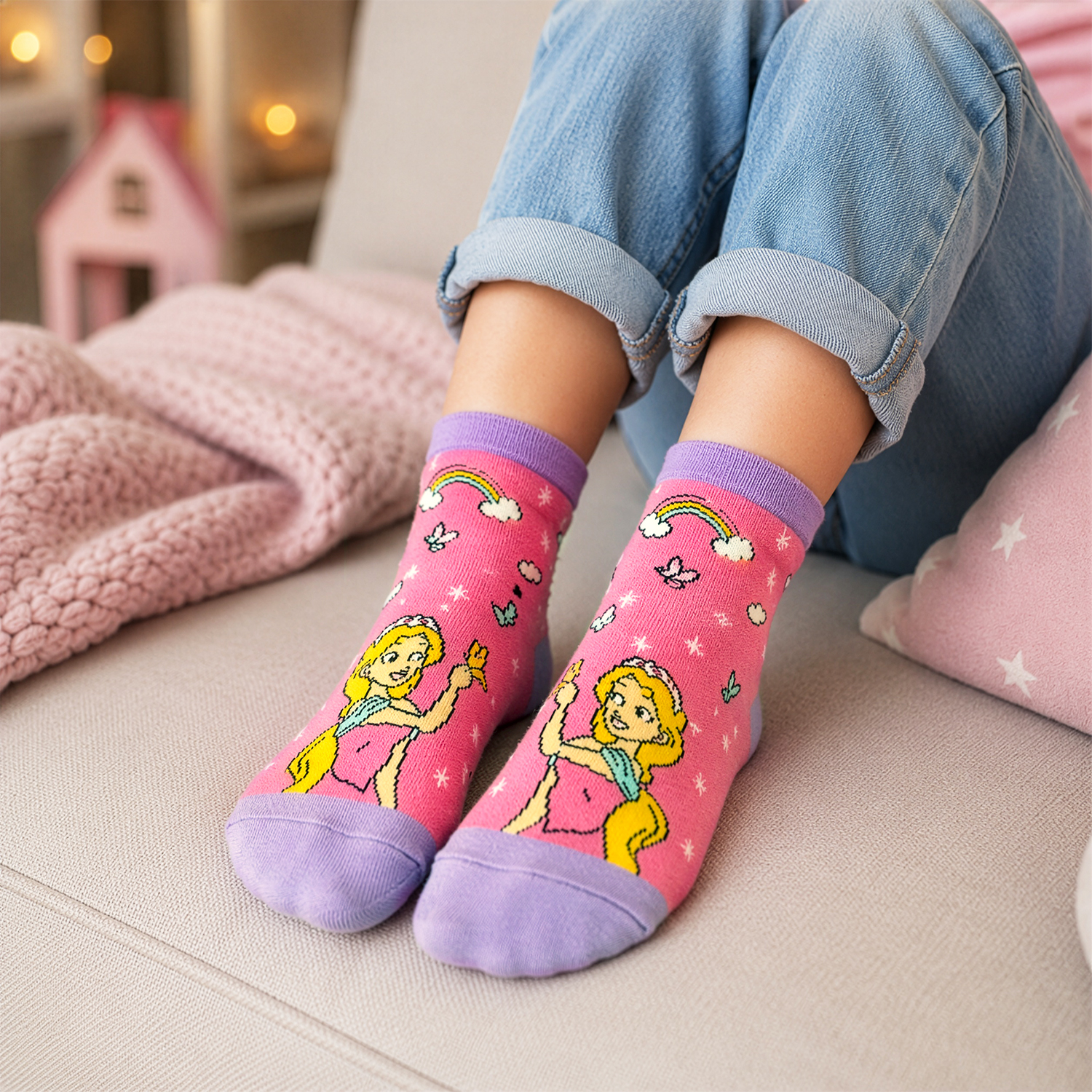 Rosa Zaubersocken mit Prinzessin, Regenbogen und Wolken – fröhliche Kinderfüße.