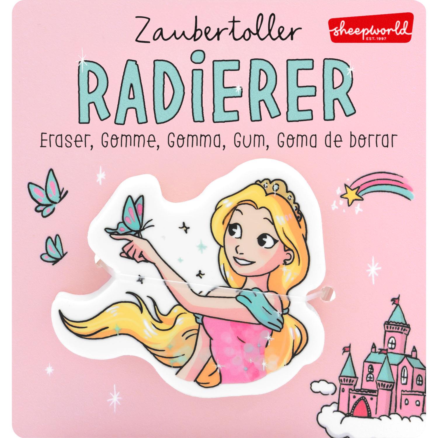 Prinzessin-Radiergummi auf pinker Headercard mit Schlossmotiv